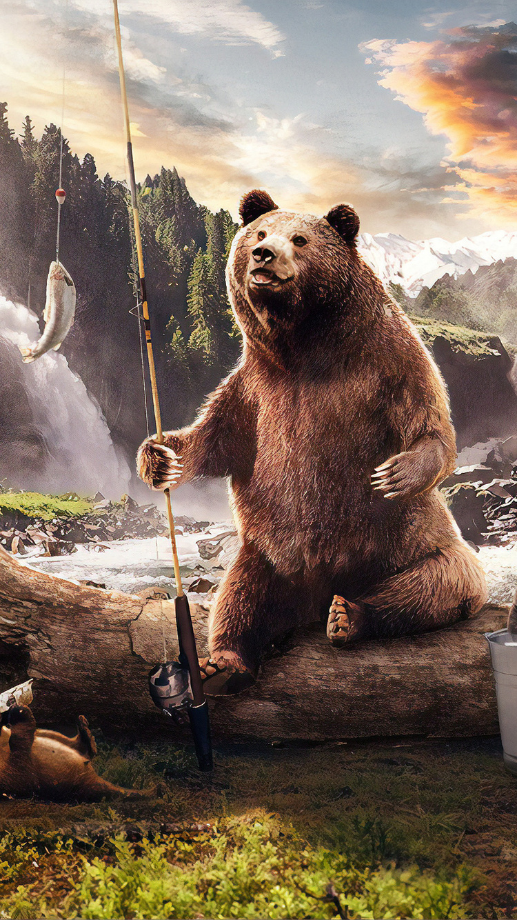 Bear In Jungle Along Side River iPhone 6, iPhone 6S, iPhone 7 HD 4k Wallpaper, Image, Background, Photo and Picture