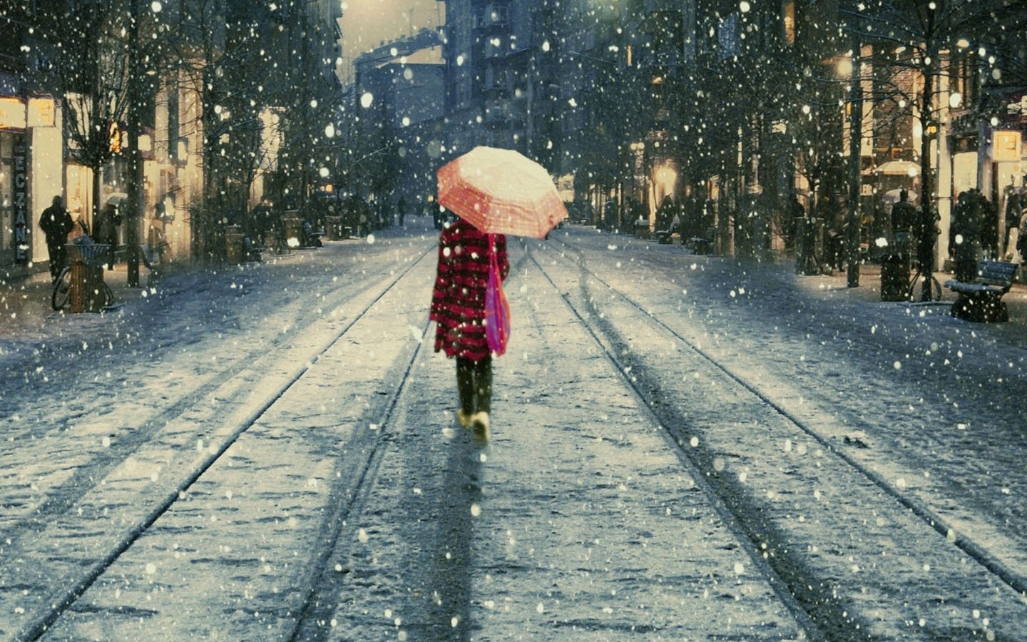 Wallpaper, street, snow, winter, road, railway, umbrella, Istanbul, Freezing, weather, season, lane 1440x900