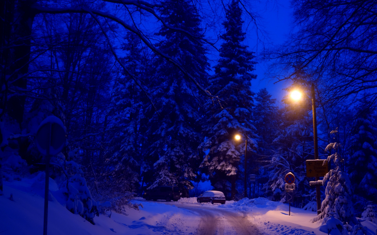 Download wallpaper 1440x900 winter, night, street lights, road, 1440x900 widescreen 16:10 HD background, 3711