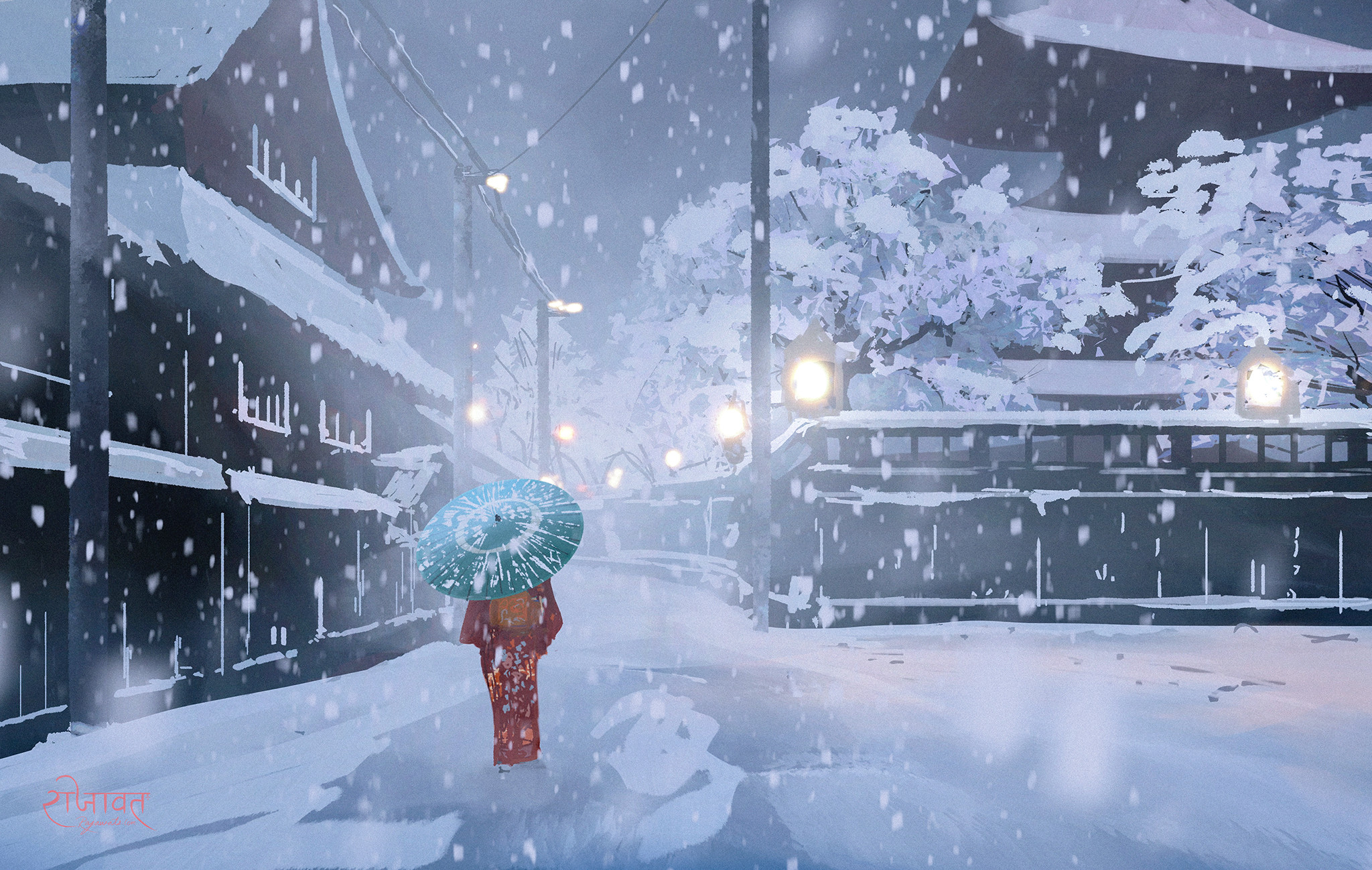 HD desktop wallpaper: Anime, Winter, Night, Snow, Girl, Umbrella download free picture
