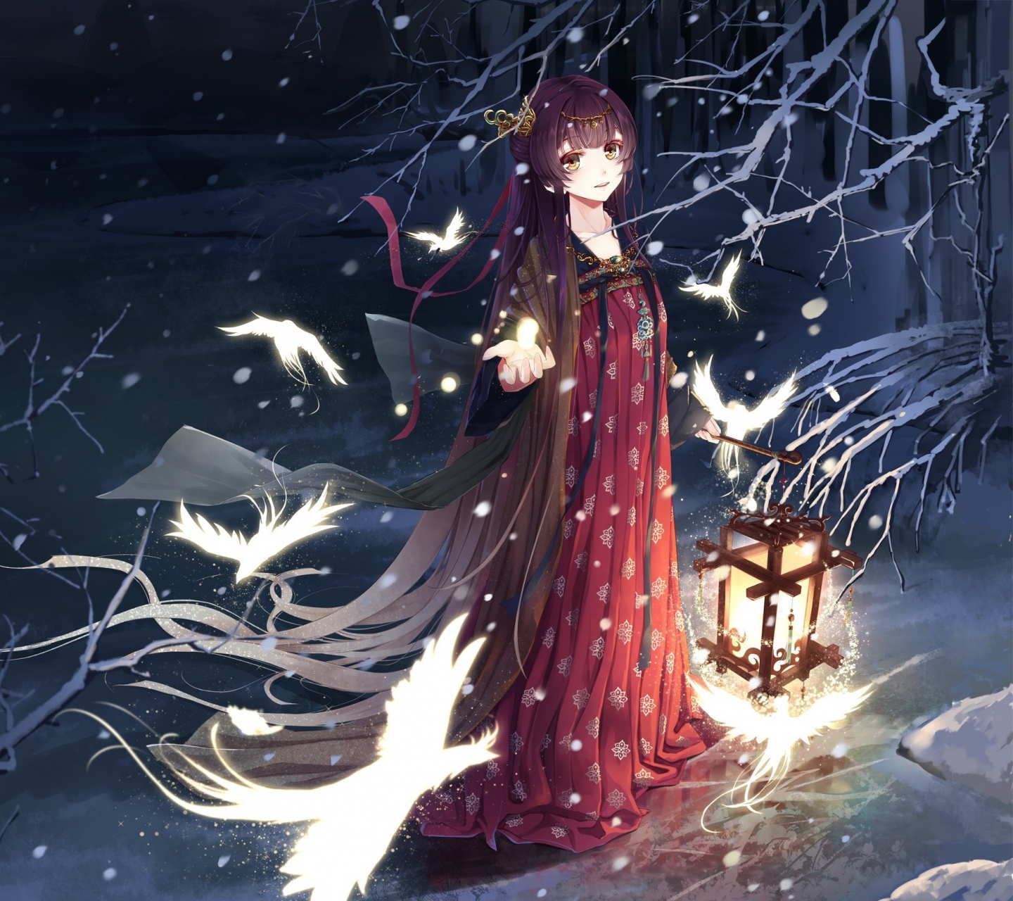 HD desktop wallpaper: Anime, Winter, Bird, Lantern, Girl, Snowfall download free picture