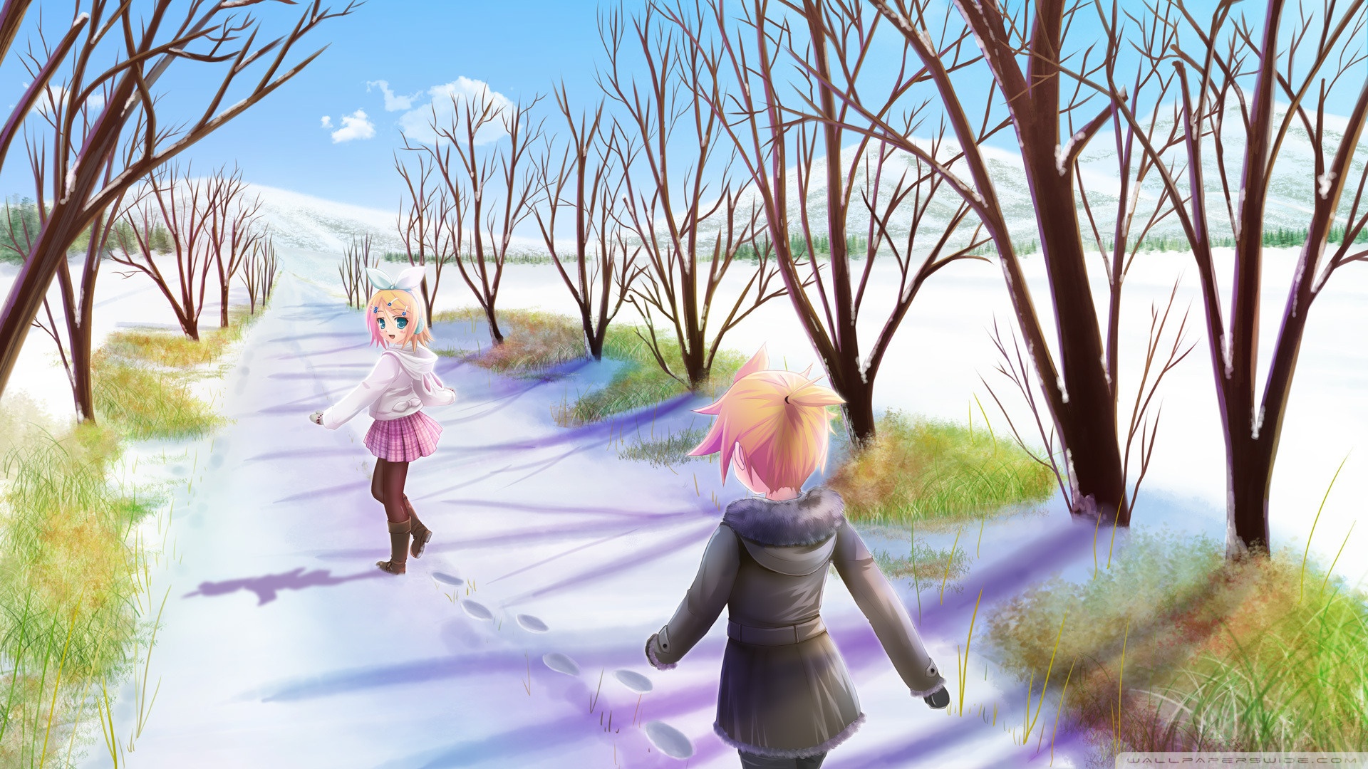 HD desktop wallpaper: Anime, Winter, Vocaloid, Rin Kagamine, Len Kagamine download free picture