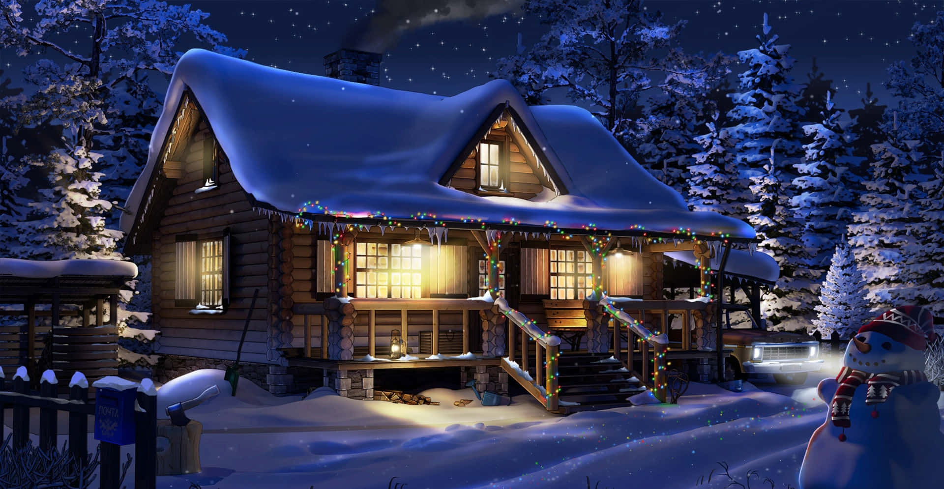 Download A Warm And Inviting Cozy Winter Cabin Nestled In Snow Covered Woods. Wallpaper