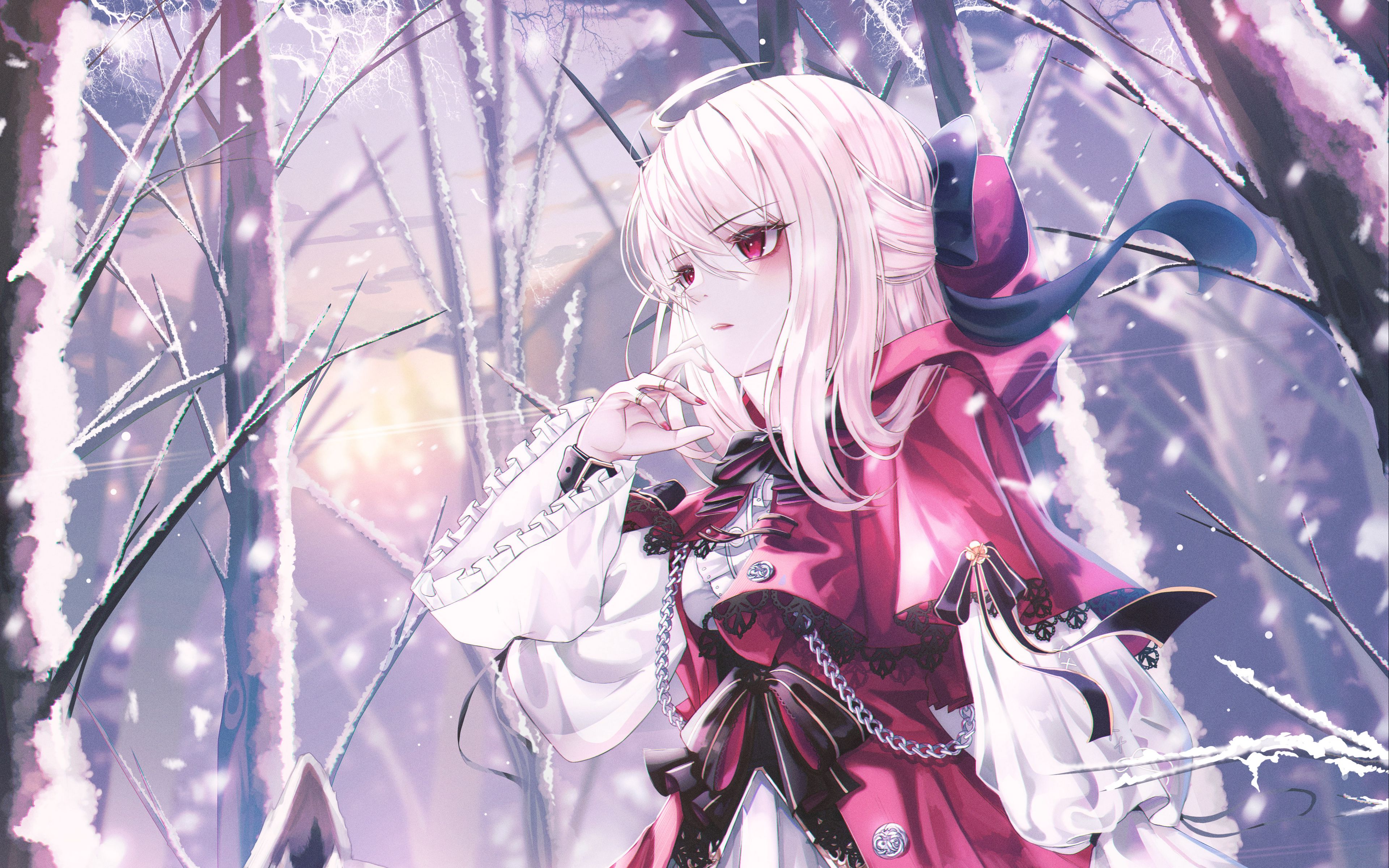 Download wallpaper 3840x2400 girl, dress, wolves, winter, anime, art 4k ultra HD 16:10 HD background