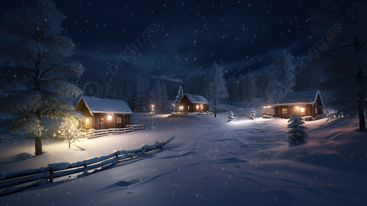 Christmas Cabins In Dark Winter Landscapes Background, 3D Christmas Snowy Landscape At Night, HD Photography Photo, Snowy Background Image And Wallpaper for Free Download