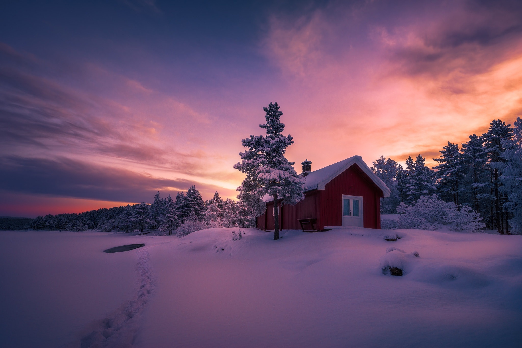HD desktop wallpaper: Winter, Sunset, Snow, Forest, Tree, House, Photography, Cabin download free picture