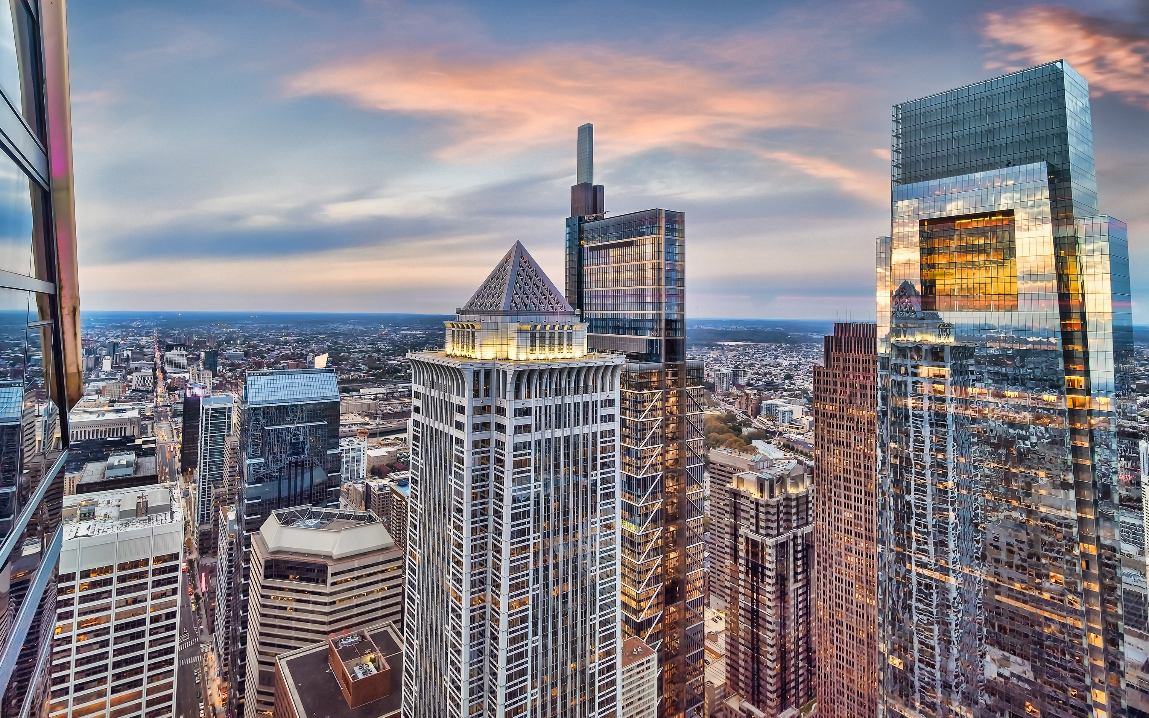 Download wallpaper Philadelphia, 4k, Comcast Center, Comcast Technology Center, skyscrapers, evening, sunset, Philadelphia Skyline, Philadelphia cityscape, Pennsylvania, USA for desktop with resolution 3840x2400. High Quality HD picture wallpaper