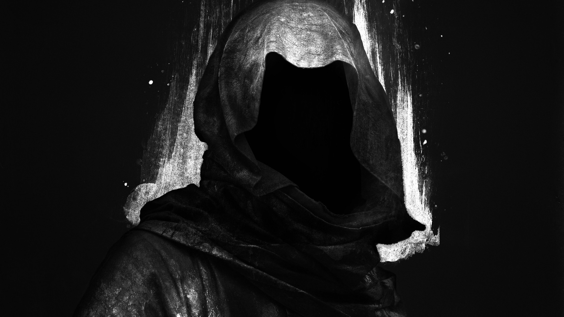 Wallpaper, digital art, black background, dark, hoods, Grim Reaper, faceless, light, darkness, black and white, monochrome photography, human body, close up 1920x1080