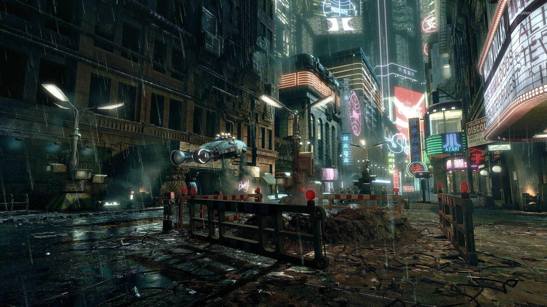 Download Dystopian skyline of the chaotic and dark city in Blade Runner Wallpaper