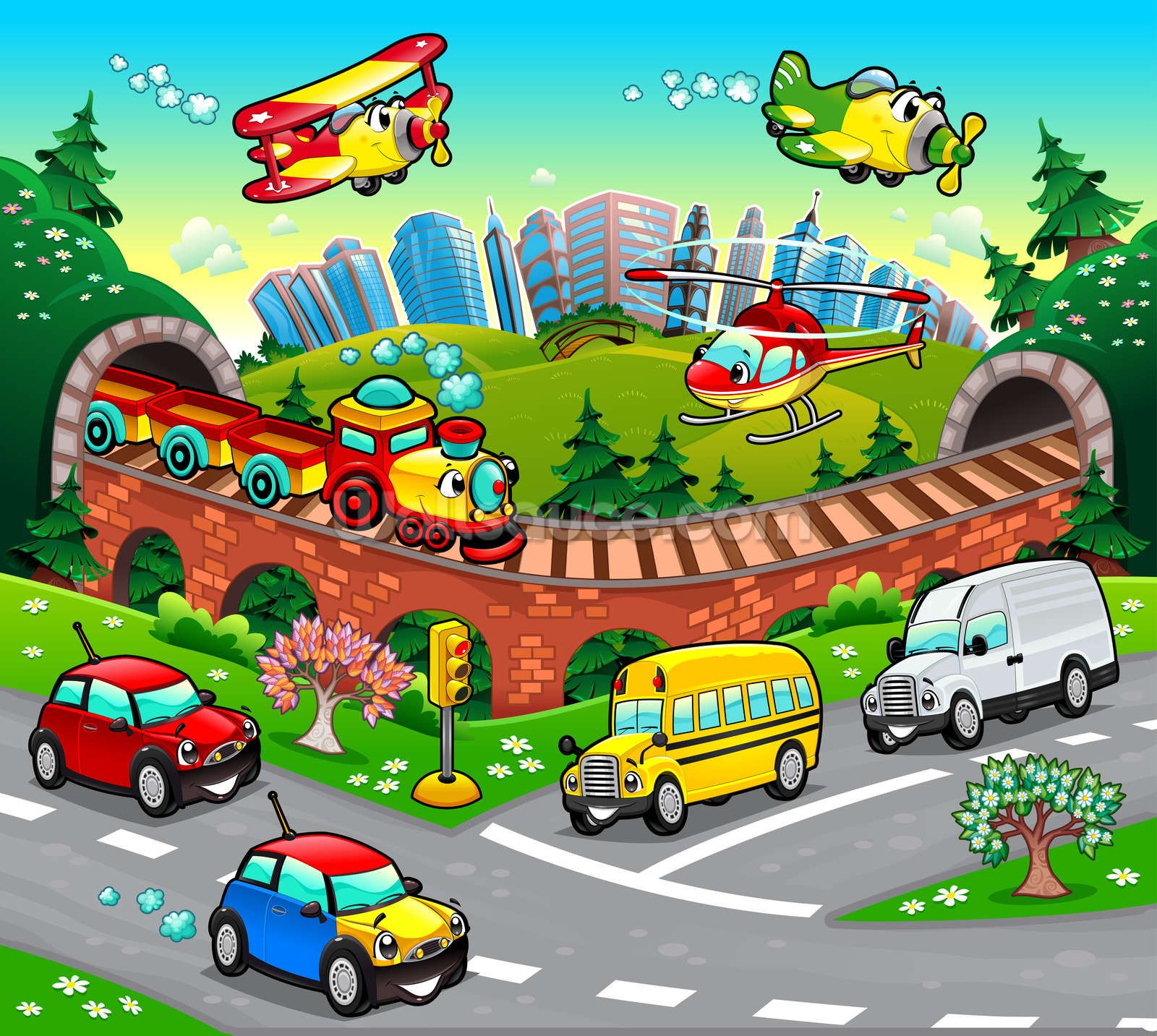 Cartoon Road Wallpaper. Wallsauce US. Mural wallpaper, City cartoon, Vector illustration