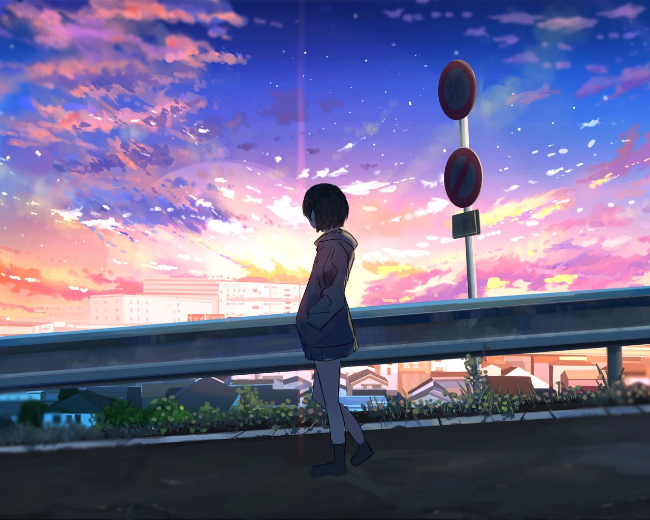 Download wallpaper 1280x1024 girl, alone, road, anime, art, cartoon standard 5:4 HD background