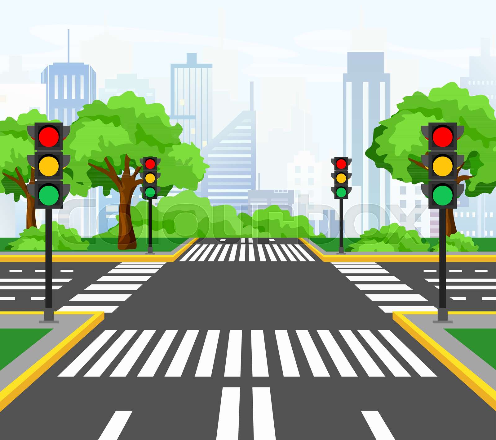 Vector illustration of streets crossing in modern city, city crossroad with traffic lights, markings, trees and sidewalk for pedestrians. Beautiful cityscape on background