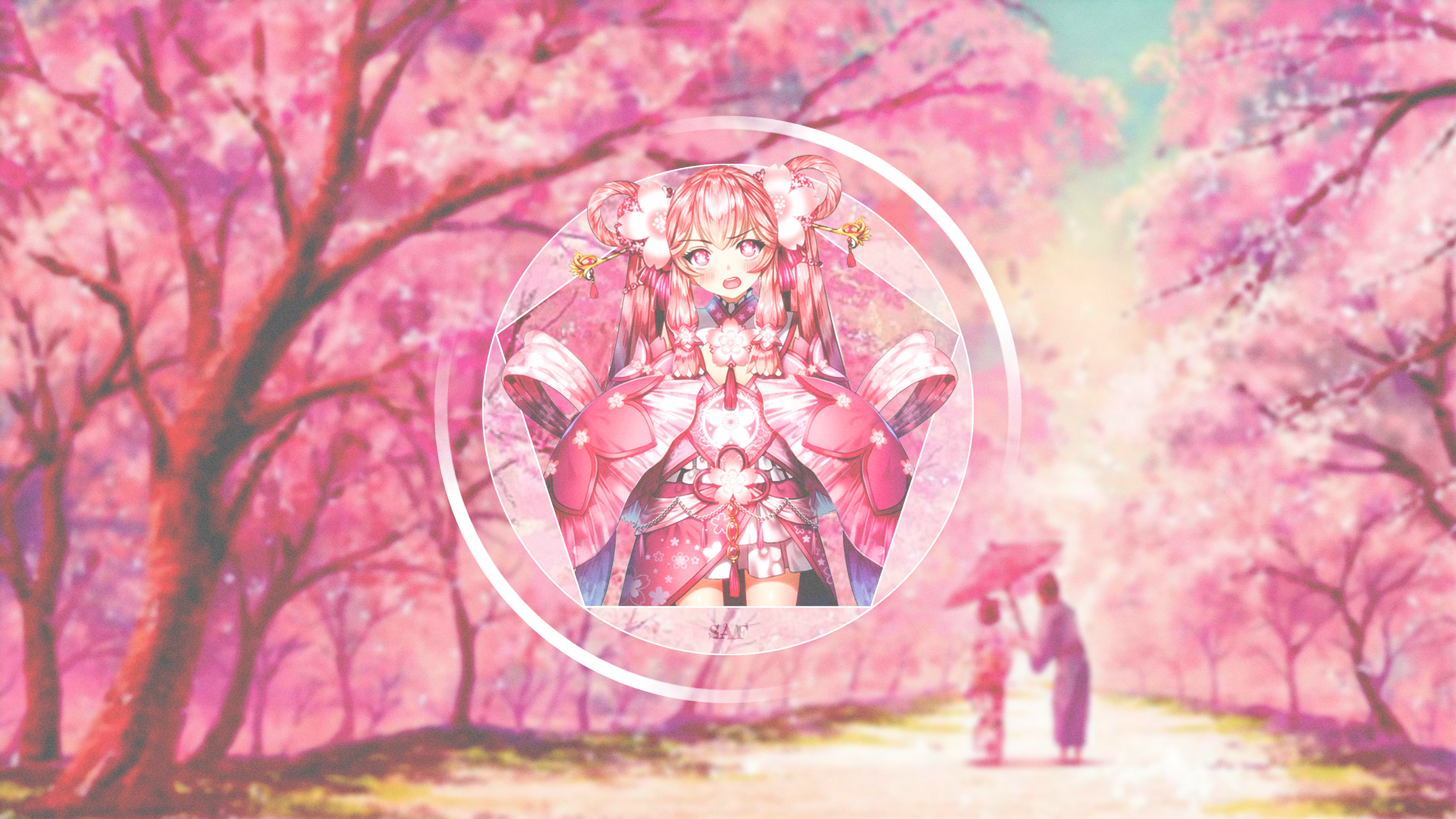 Wallpaper, anime girls, fan art, pink, Kawai artist, kawaiitsu, cherry blossom, Cute little girl 3840x2160
