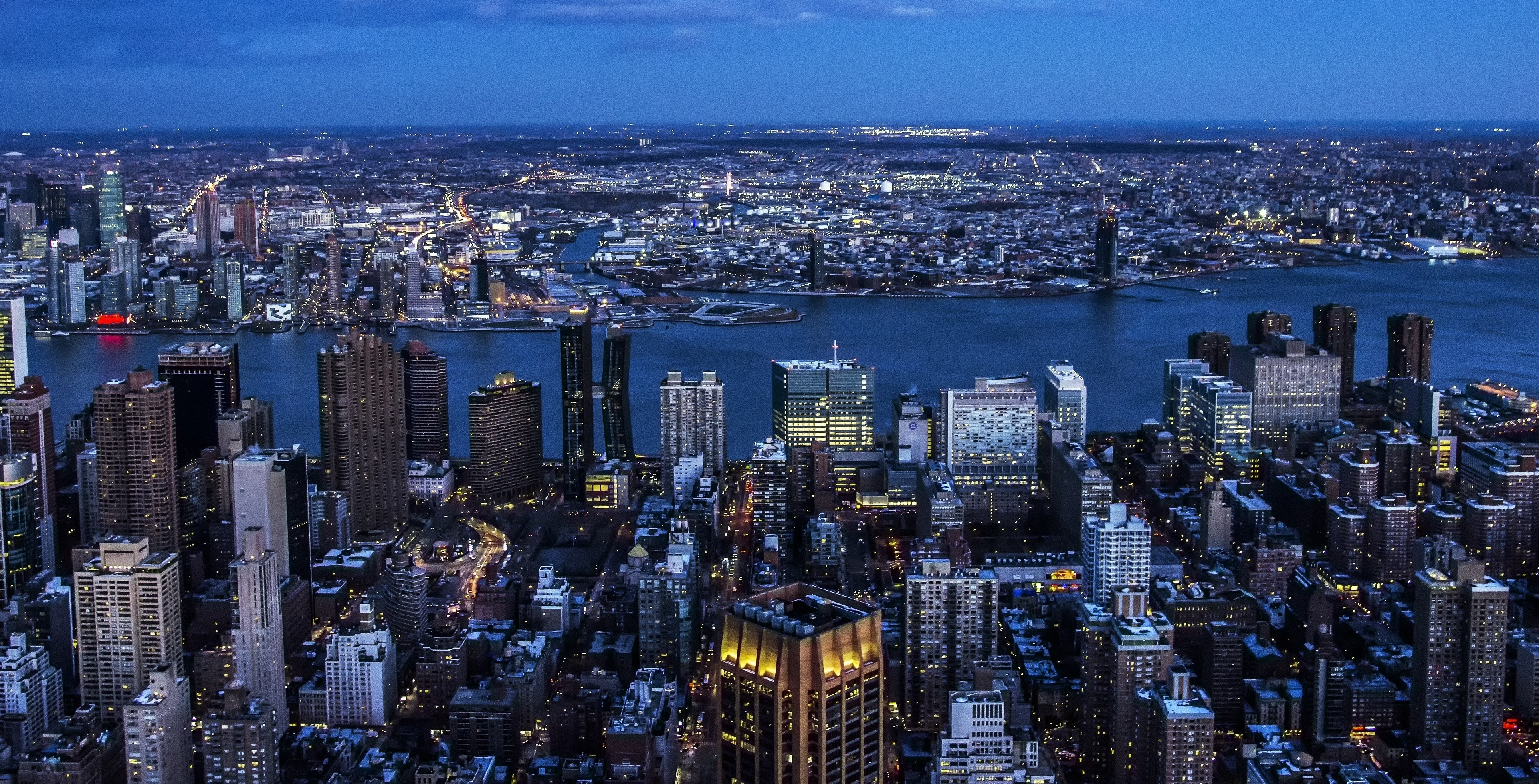 Download wallpaper 3840x2160 panoramic, buildings, city, dawn, night, new york 4k wallpaper, uhd wallpaper, 16:9 widescreen 3840x2160 HD background, 5879