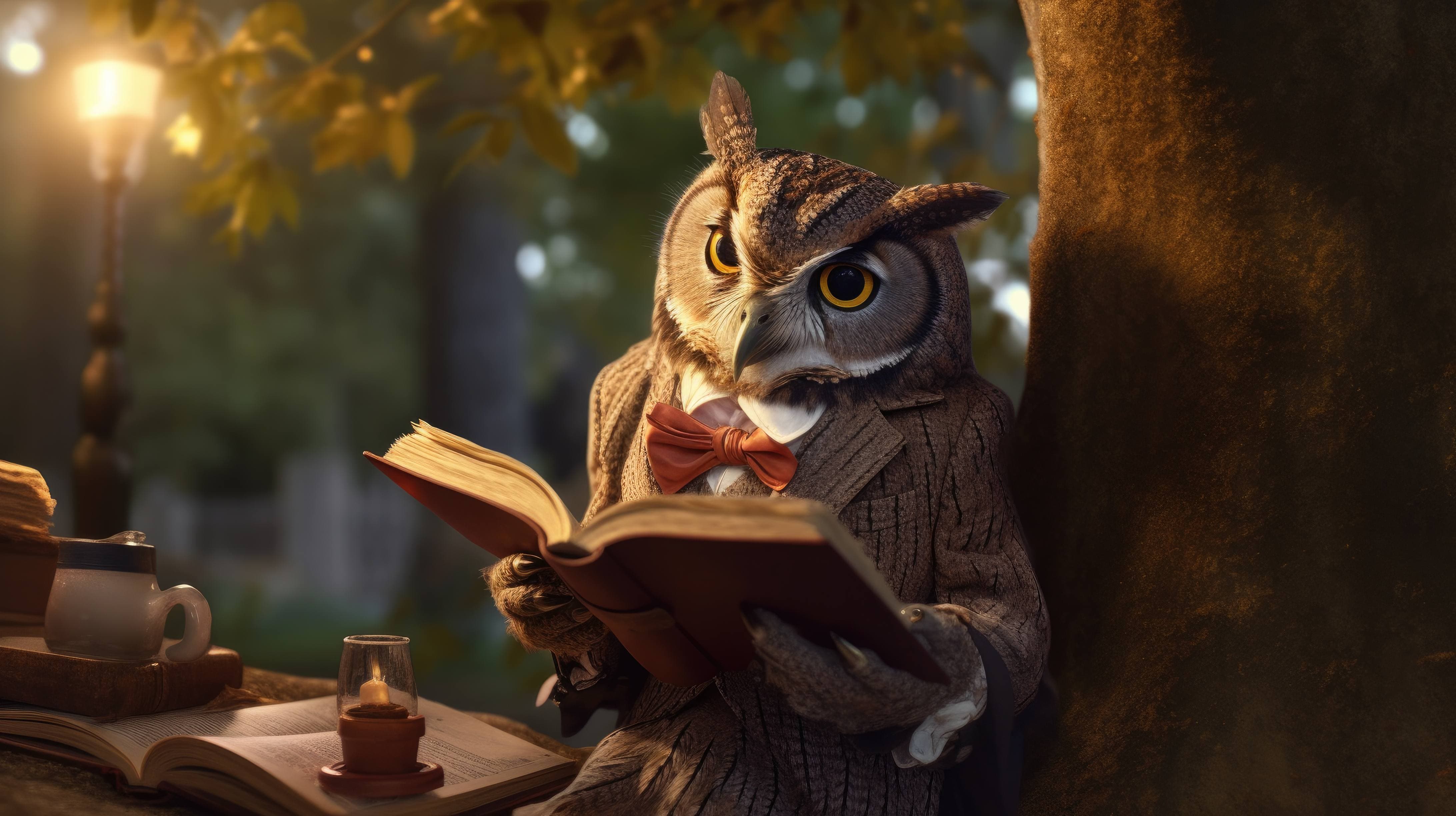 A 4K ultra HD wallpaper of a sophisticated owl wearing a bowtie and reading a book while perched on a tree branch in a park filled with animals dressed in stylish clothing