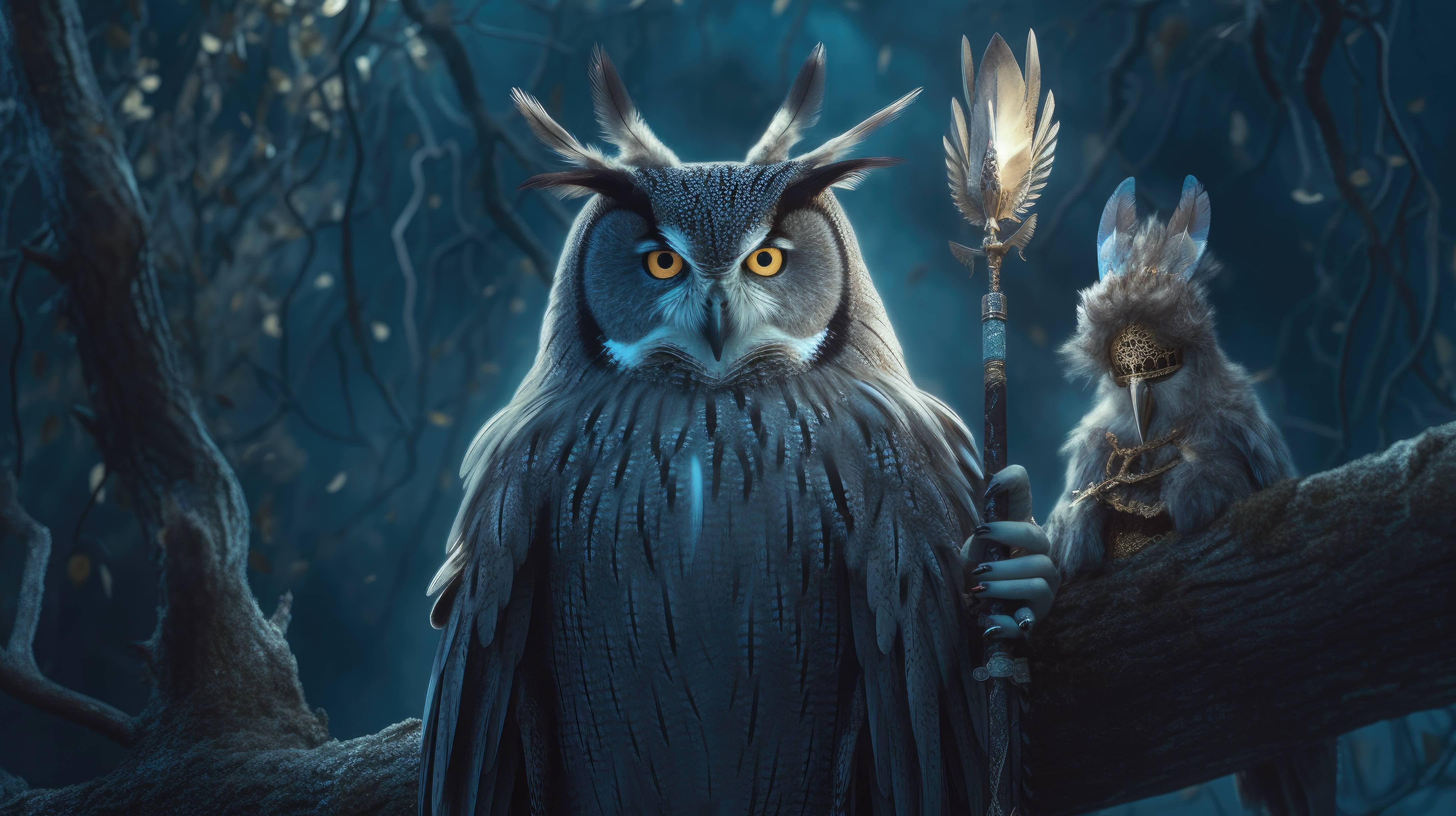 A 4K ultra HD wallpaper of a stylish owl wearing a feathered cape and a silver mask, perched on a moonlit branch in a mystical forest, surrounded by other animals dressed in