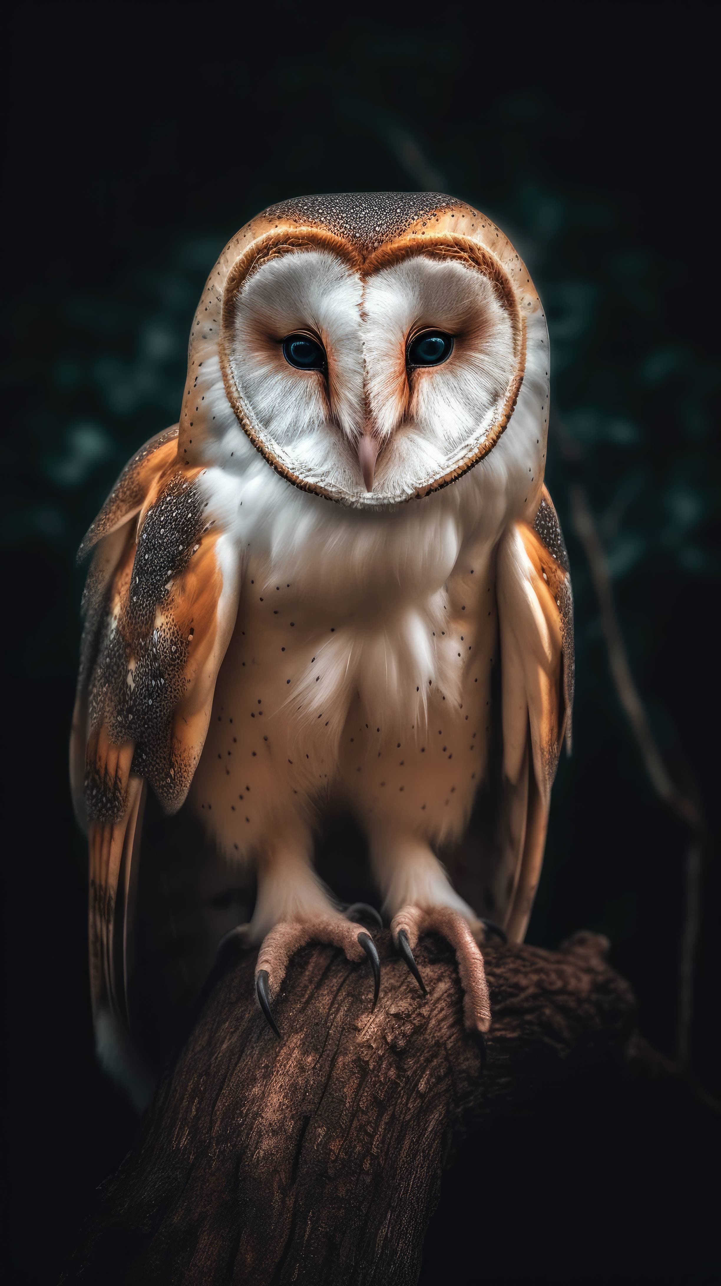 A 4K ultra HD mobile wallpaper showcasing a wise and majestic Barn Owl, perched on a gnarled branch, its soft feathers and keen eyes symbolizing wisdom and nocturnal beauty