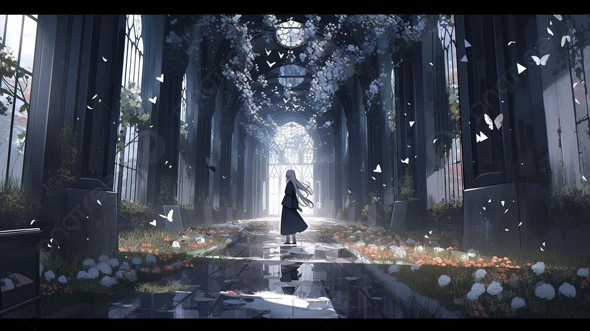 An Anime Girl Walking At The Tunnel With Butterflies Background, 3D Illustration Of 4k Uhd Dark Flowers Shaped Corridor, HD Photography Photo Background Image And Wallpaper for Free Download