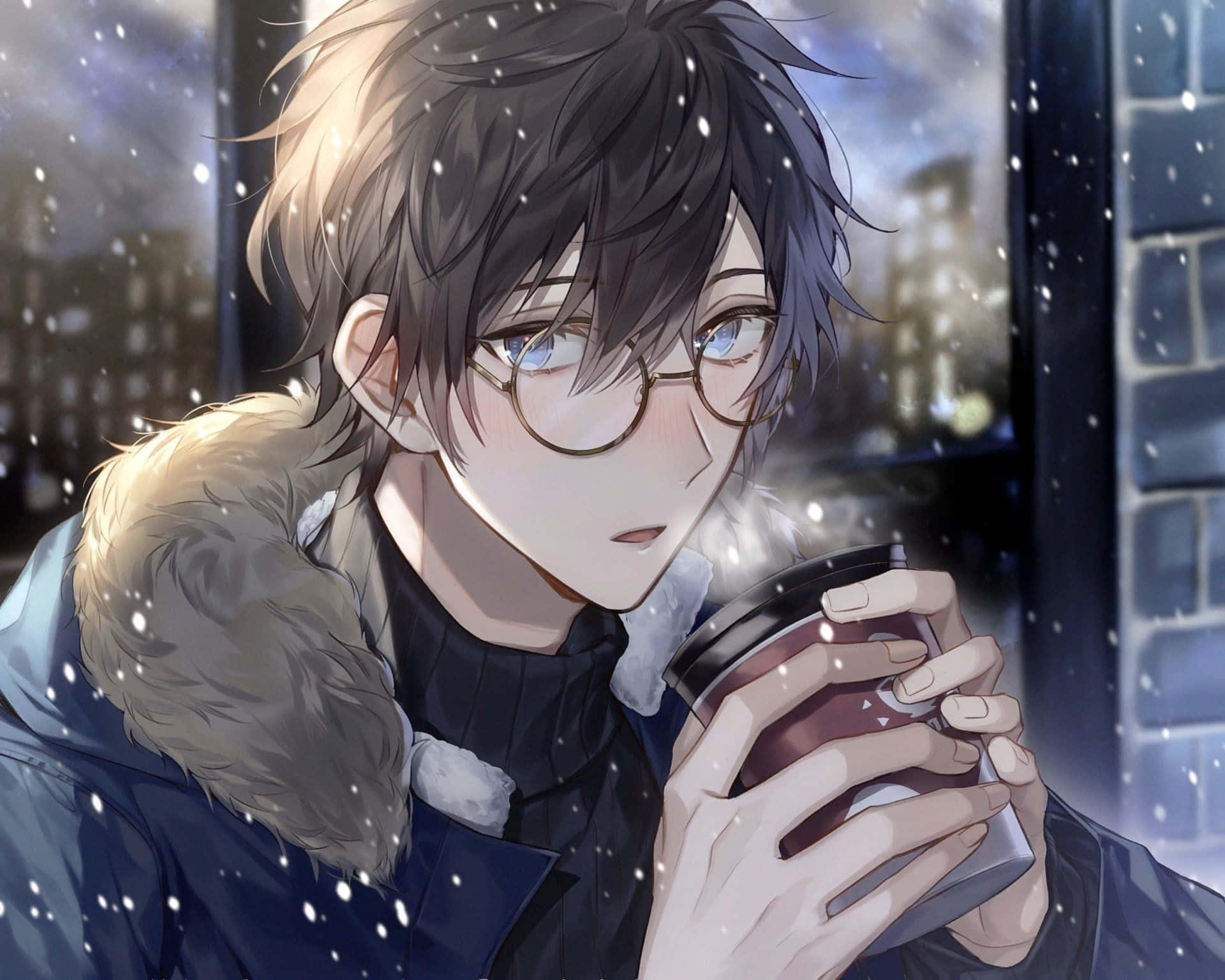 Download A Boy In Glasses Drinking Coffee In The Snow Wallpaper