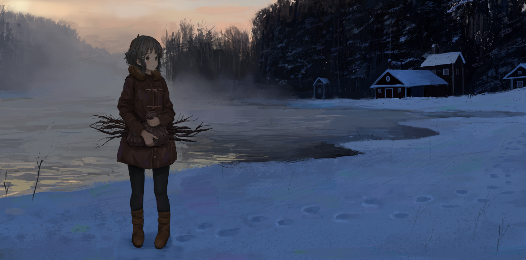 ame sagari boots building dark original snow sunset water winter. konachan.com.com Anime Wallpaper