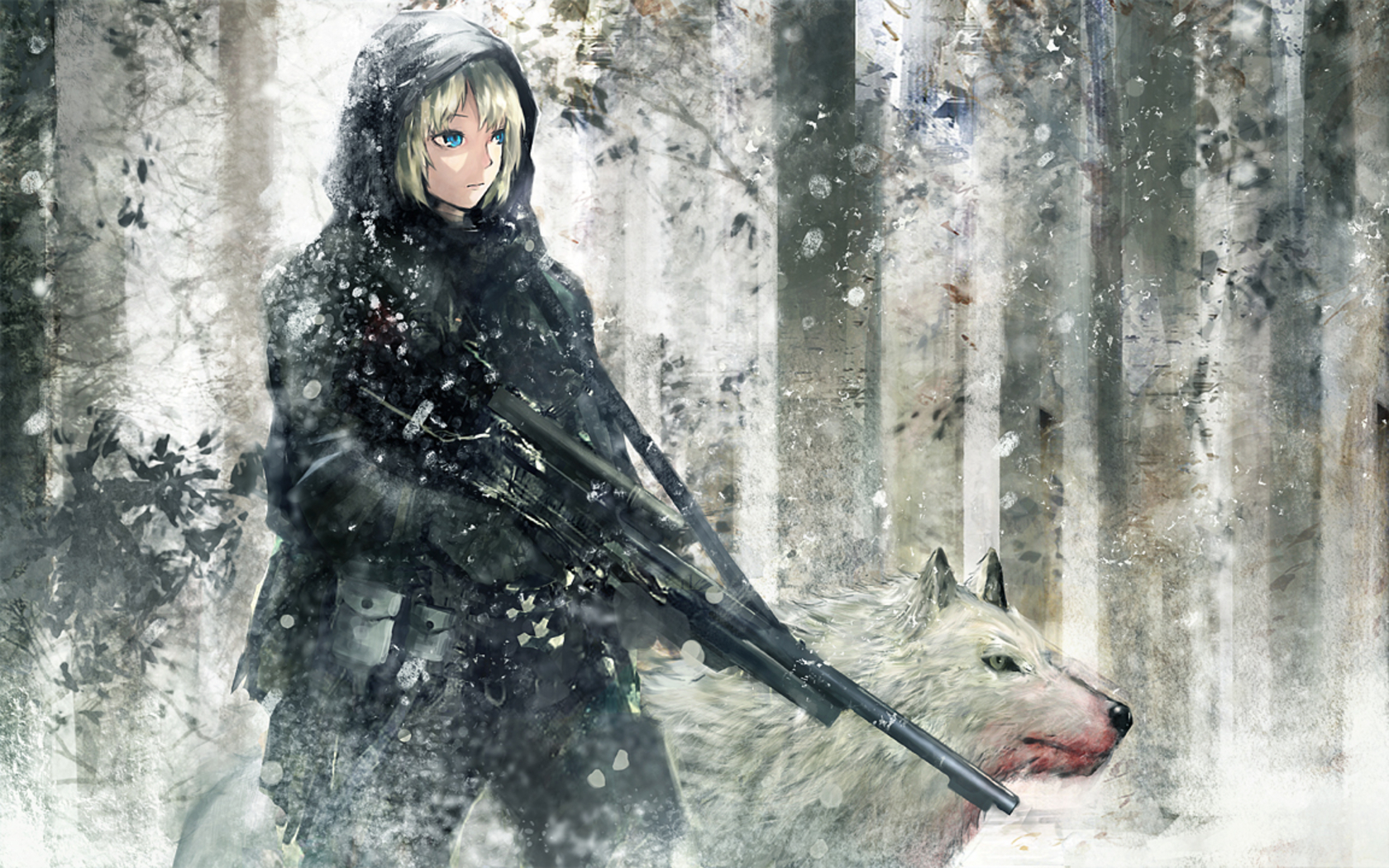 anime, snow, anime girls, wolf, snipers, forest (1680x1050px) on Wallls.com