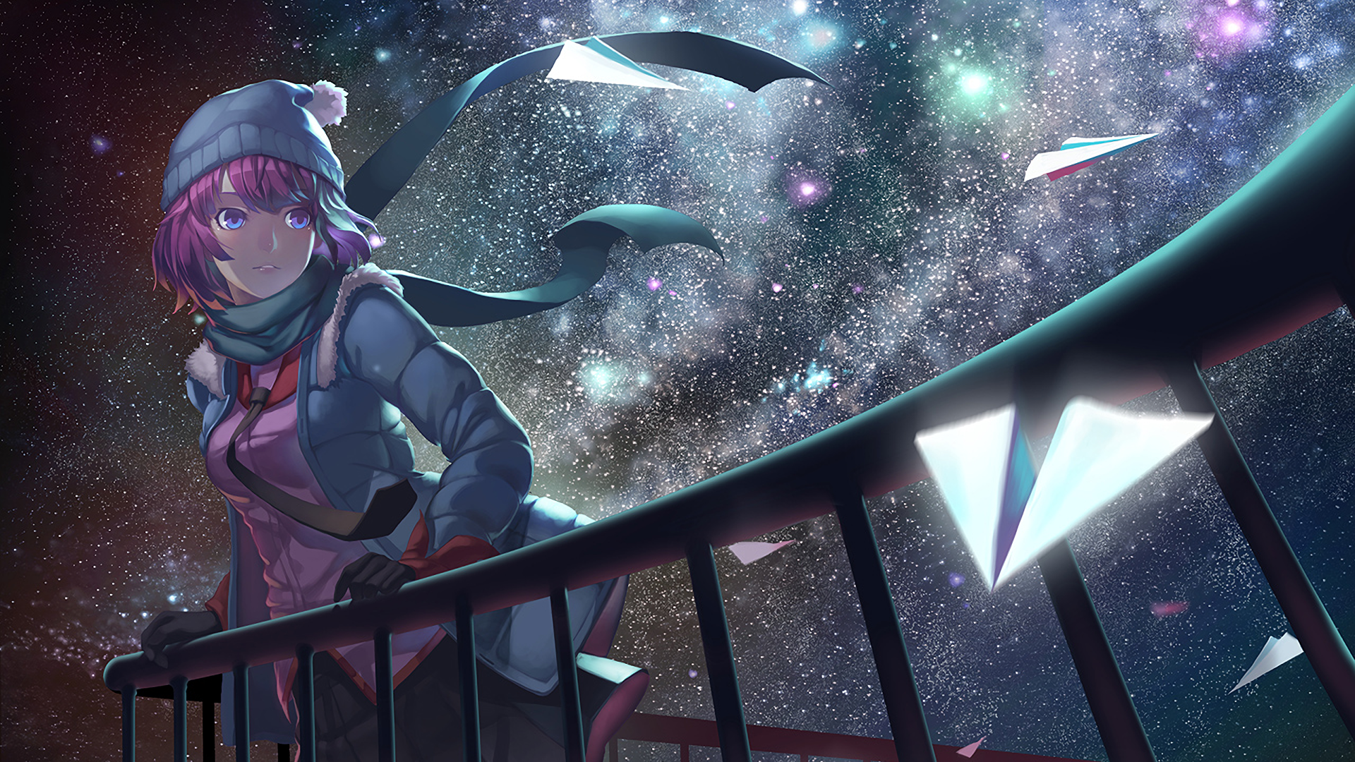 Wallpaper, anime girls, Monogatari Series, kawaii girl, white skin, Senjougahara Hitagi, fan art, dark background, stars, winter 1920x1080