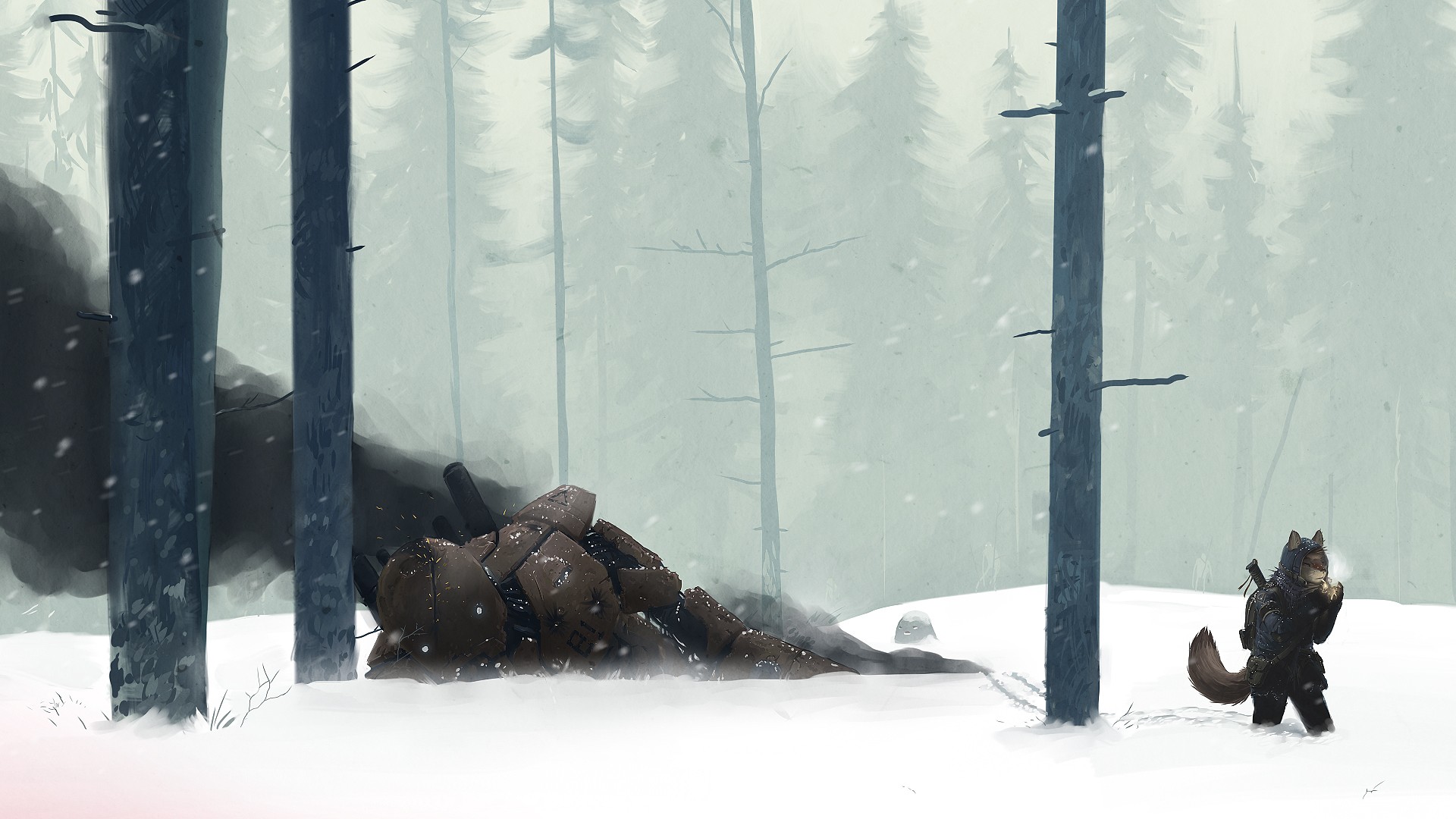 Anthro, snow, mechs, creature, wood, forest, winter, smoking, robotx1080 Wallpaper