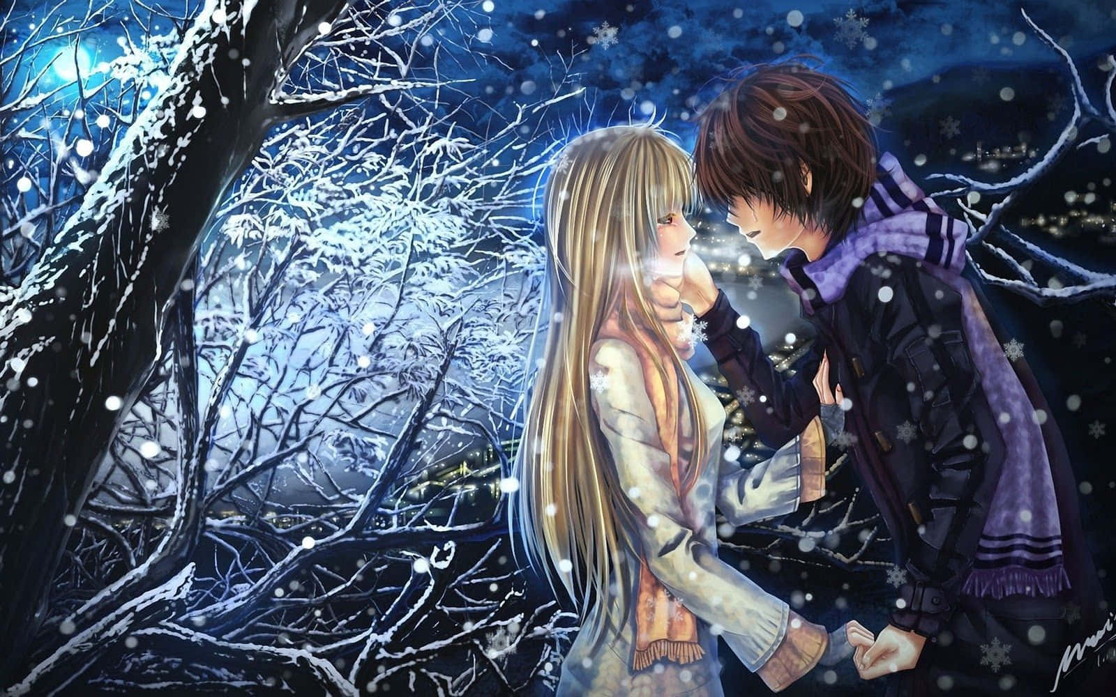Download Hot Anime Couple Winter Forest Wallpaper