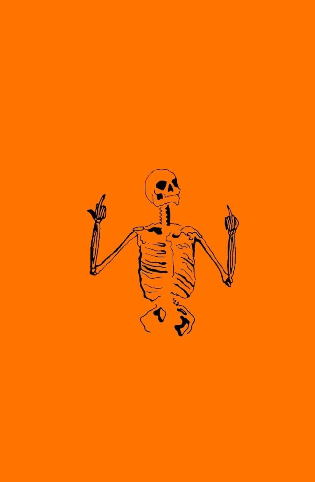 Download Aesthetic Cute Halloween Skeleton Orange Art Wallpaper