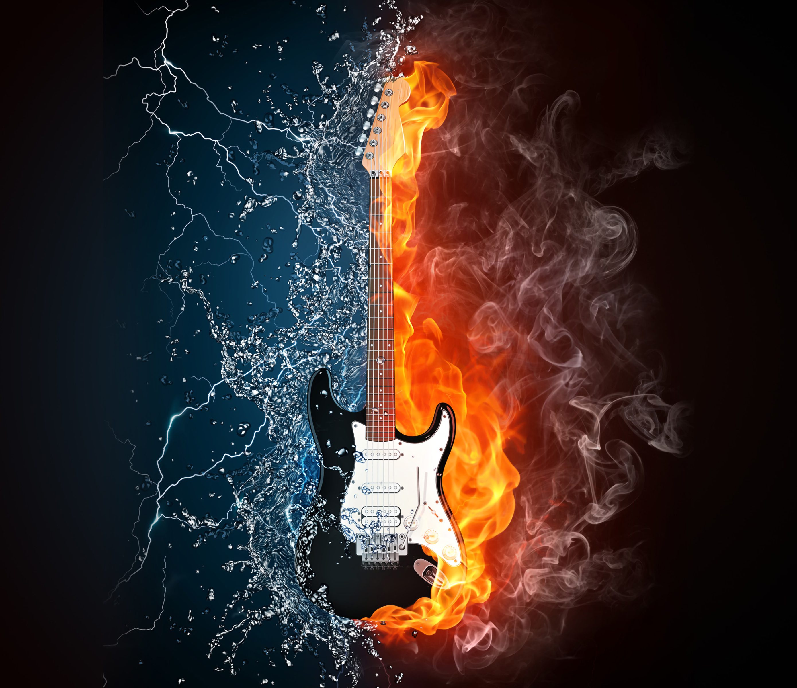 Water Fire Guitar Creative 4K Wallpaper
