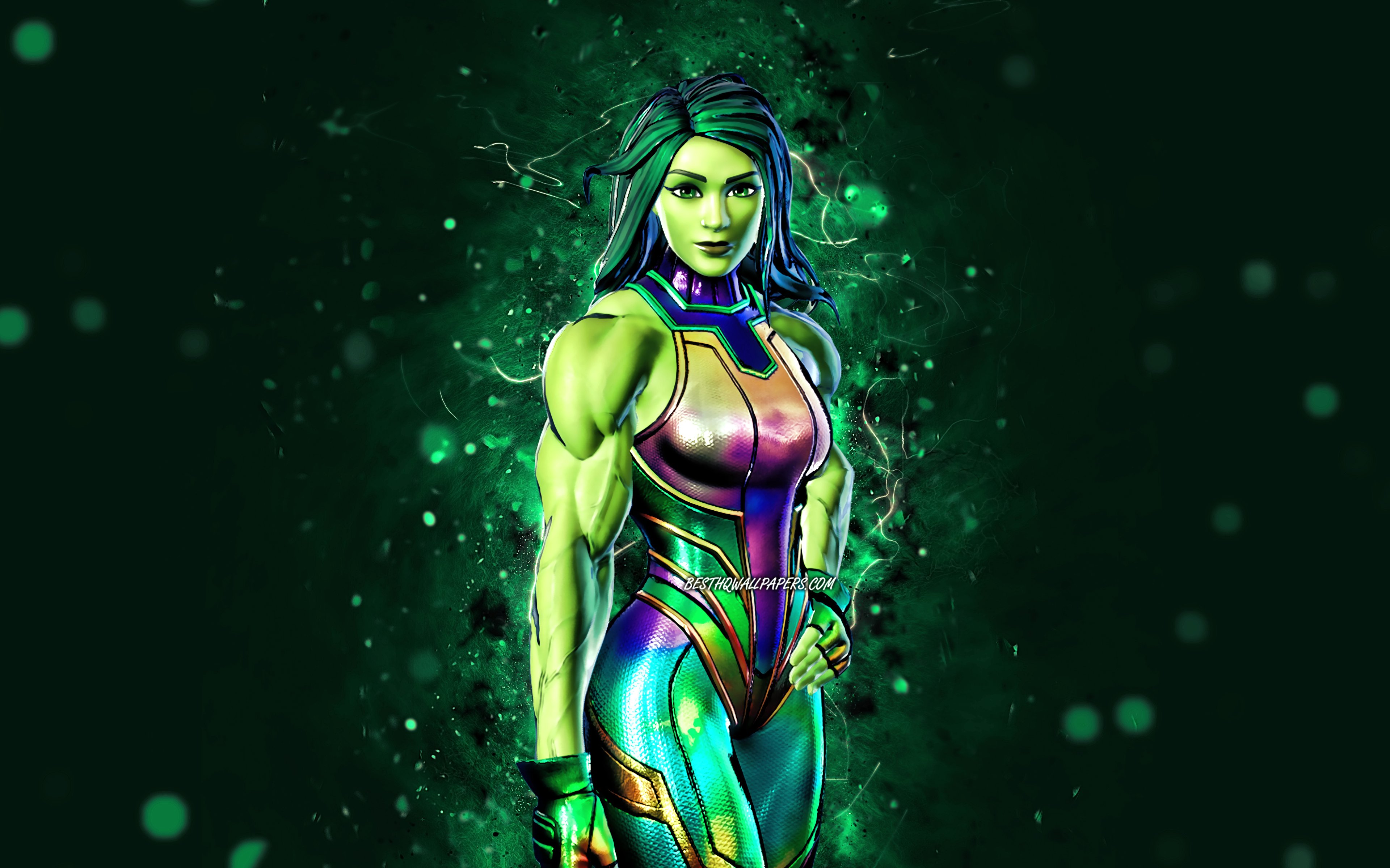 Download Wallpaper Holo Foil She Hulk, 4k, Turquoise Neon Lights, Fortnite Battle Royale, Fortnite Characters, Holo Foil She Hulk Skin, Fortnite, Holo Foil She Hulk Fortnite For Desktop With Resolution 3840x2400. High Quality HD Picture