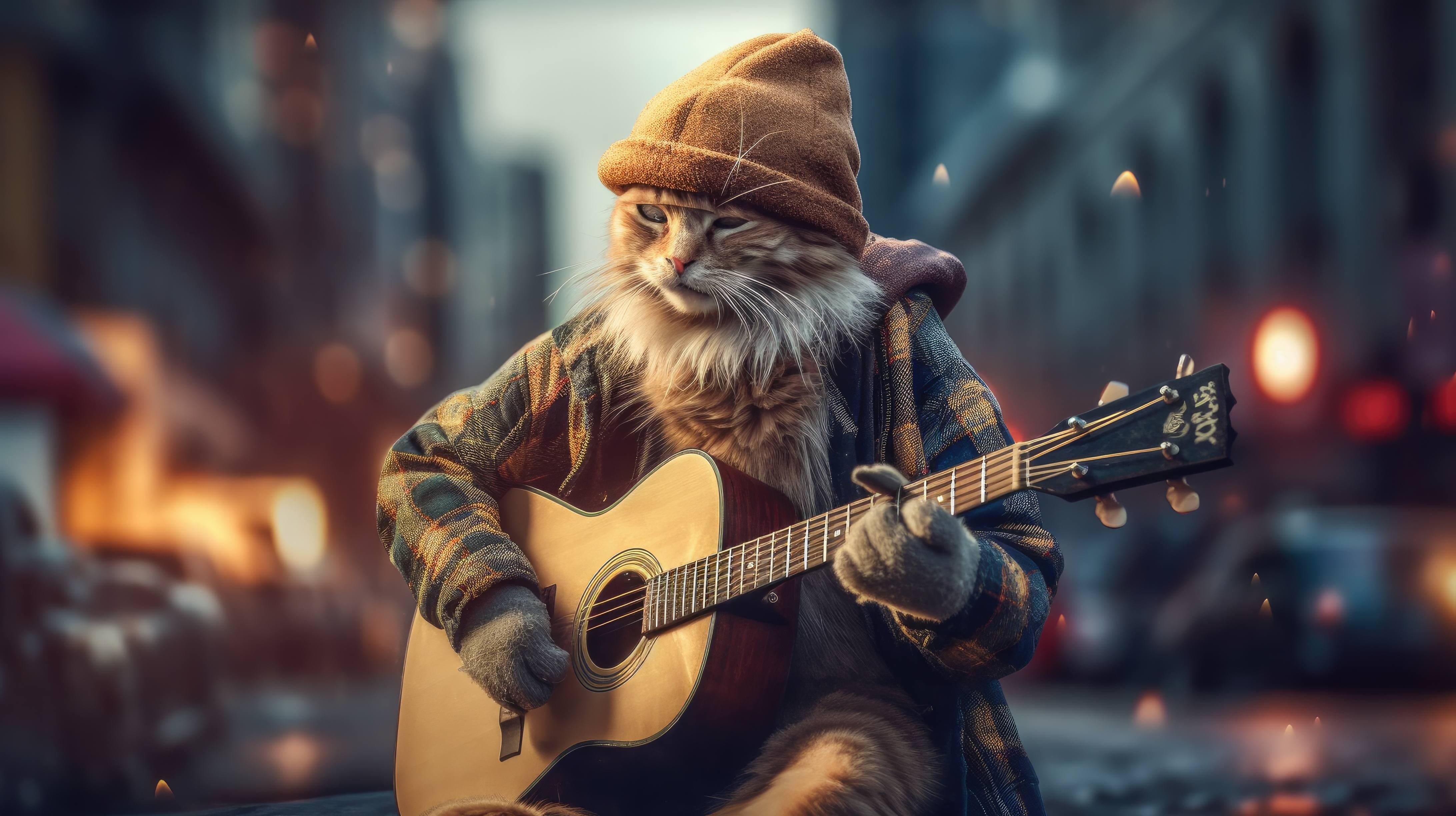 A 4K ultra HD wallpaper of a hipster cat wearing a beanie, plaid shirt, and skinny jeans, playing a guitar in a vibrant street scene where other animals are dressed in eclectic