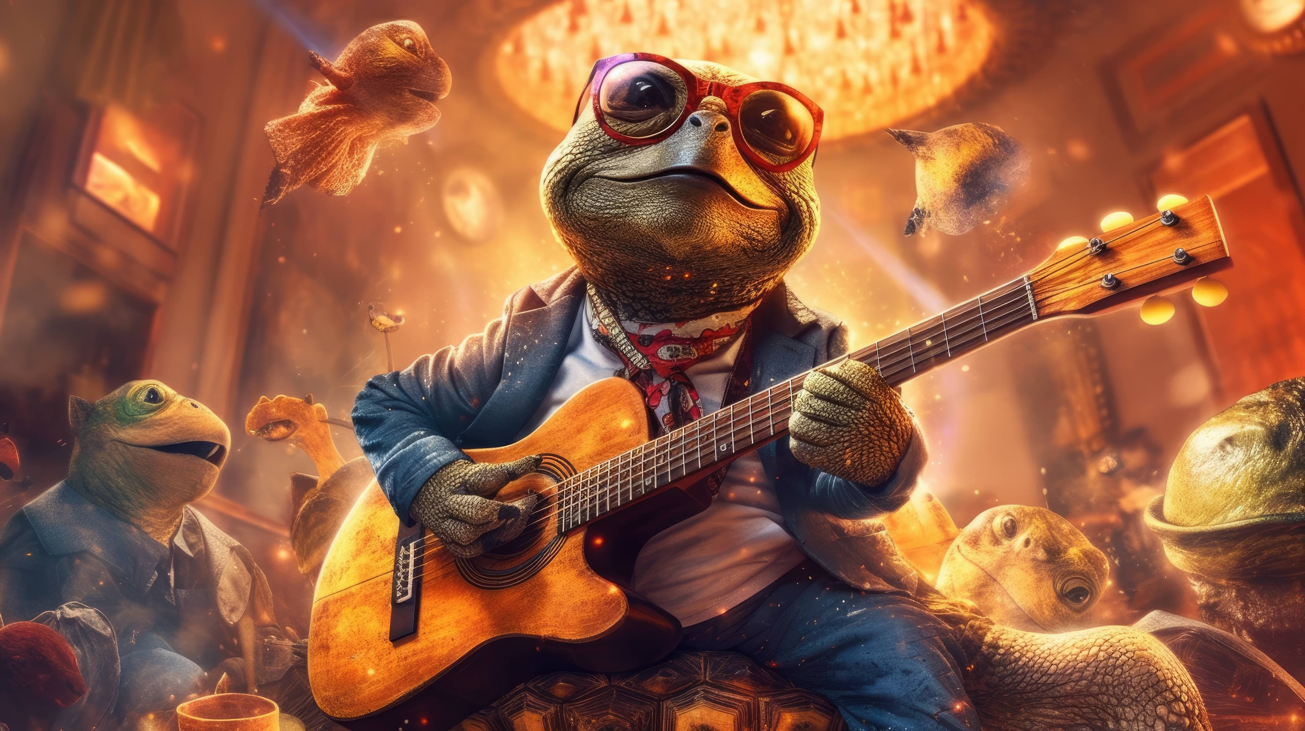 A 4K ultra HD wallpaper of a cool and trendy turtle sporting a leather jacket, sunglasses, and a guitar, jamming with a band of animals dressed as rock musicians in a vibrant