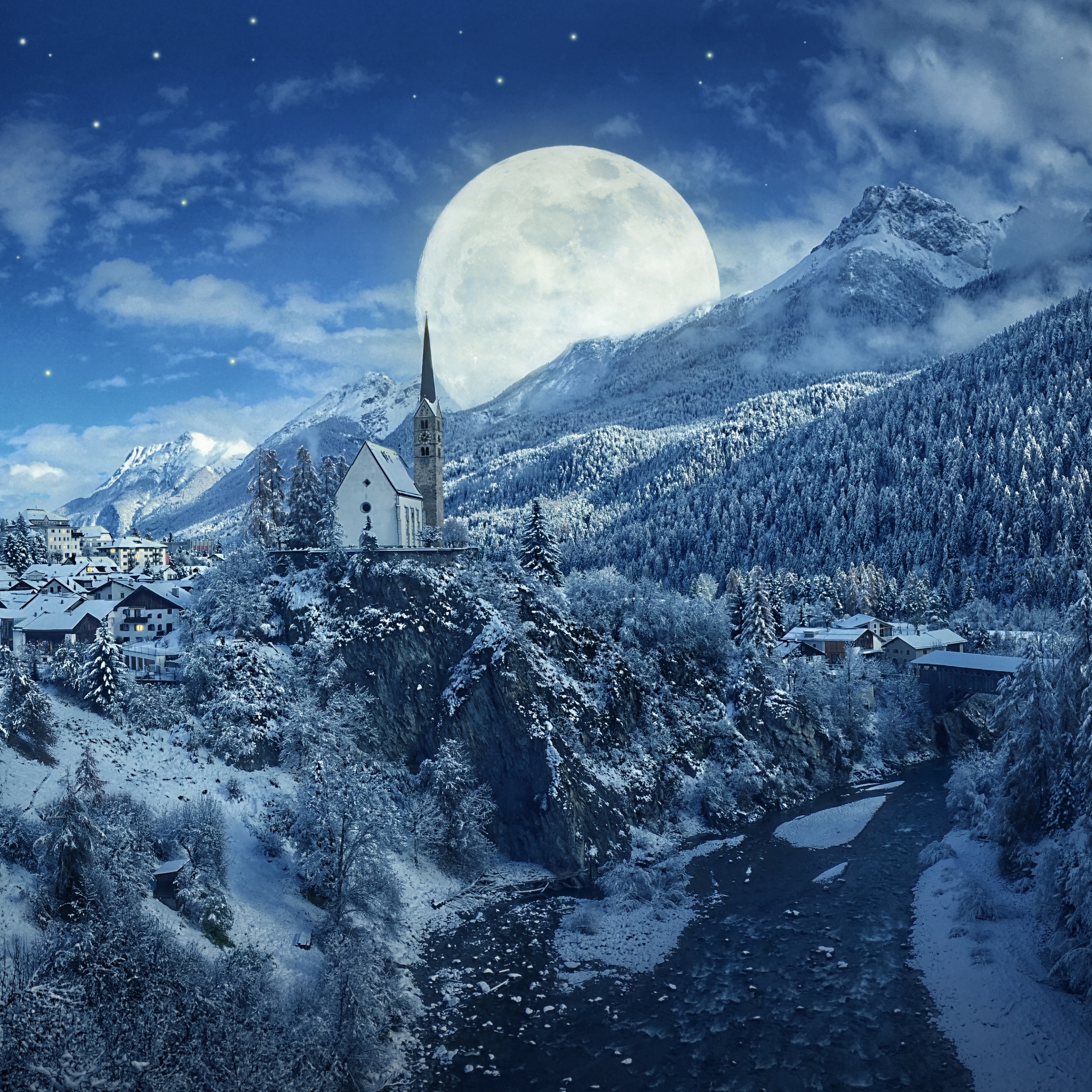 Winter Wallpaper 4K, Moon, Frozen, Forest, Village