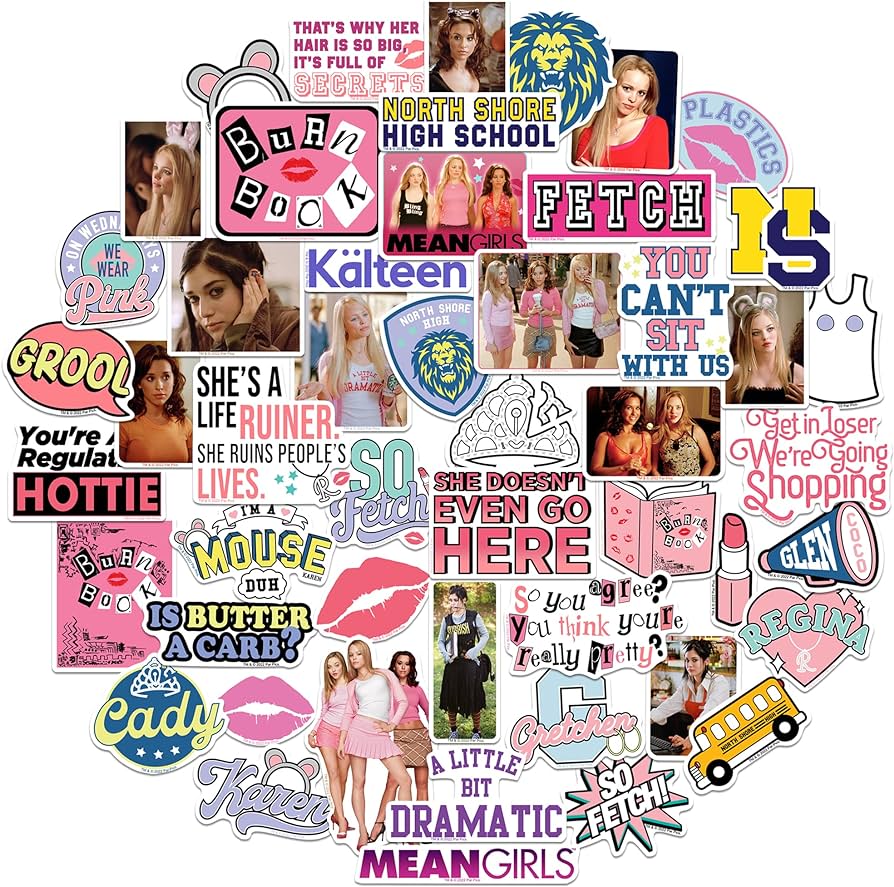 Mean Girls Sticker Pack Die Cut Vinyl Large Deluxe Stickers Variety Pack, Water Bottle, Scrapbooking, Tablet, Skateboard, Indoor Outdoor Of 50