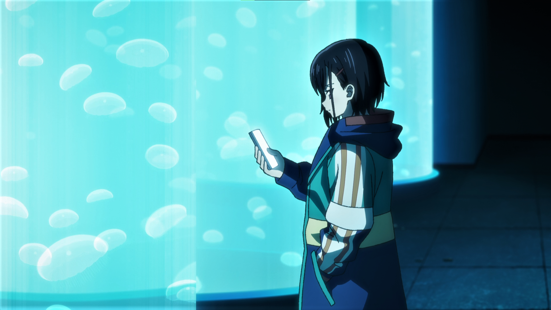 hands in pockets, short hair, Zom 100: Bucket List of the Dead, Shizuka Mikazuki, jellyfish, aquarium, phone, hoods, anime, Anime screenshot, anime girlsx1080 Wallpaper