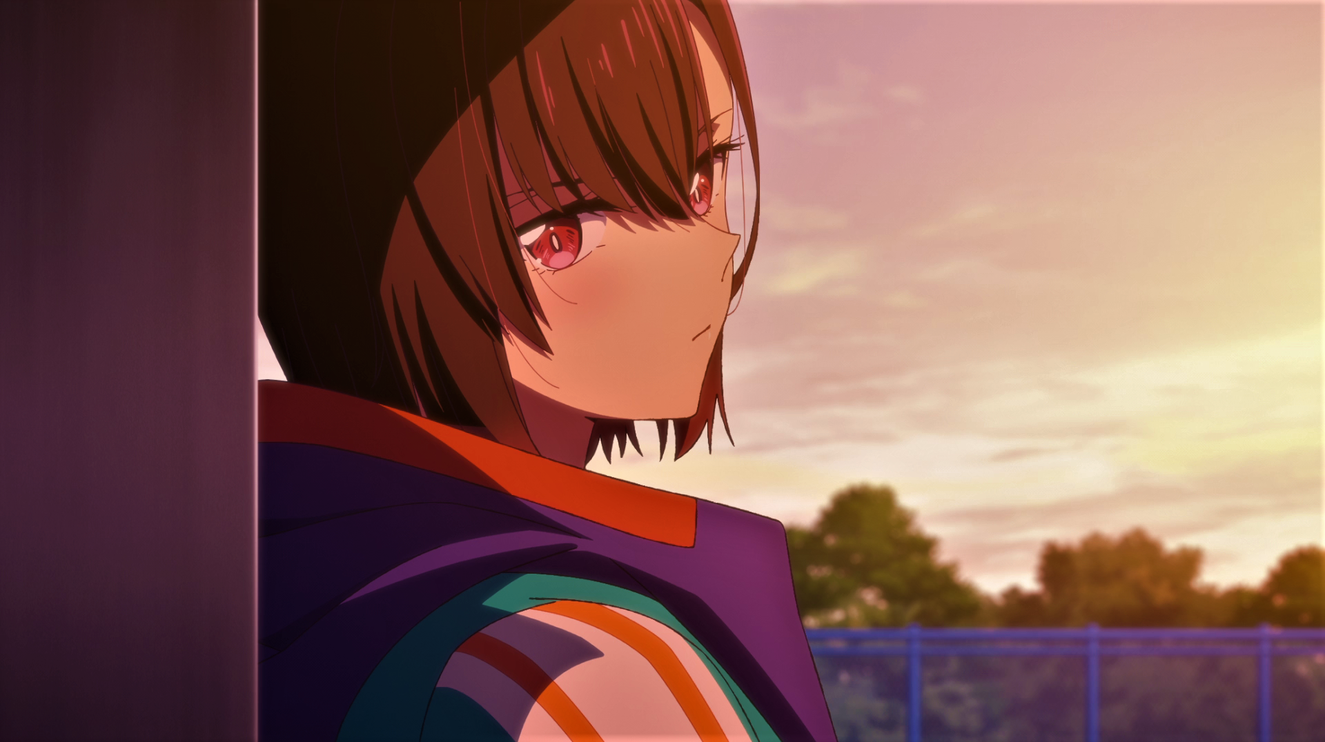 pink eyes, short hair, Zom 100: Bucket List of the Dead, Shizuka Mikazuki, sunset, hoods, trees, sky, clouds, anime, Anime screenshot, anime girlsx1076 Wallpaper
