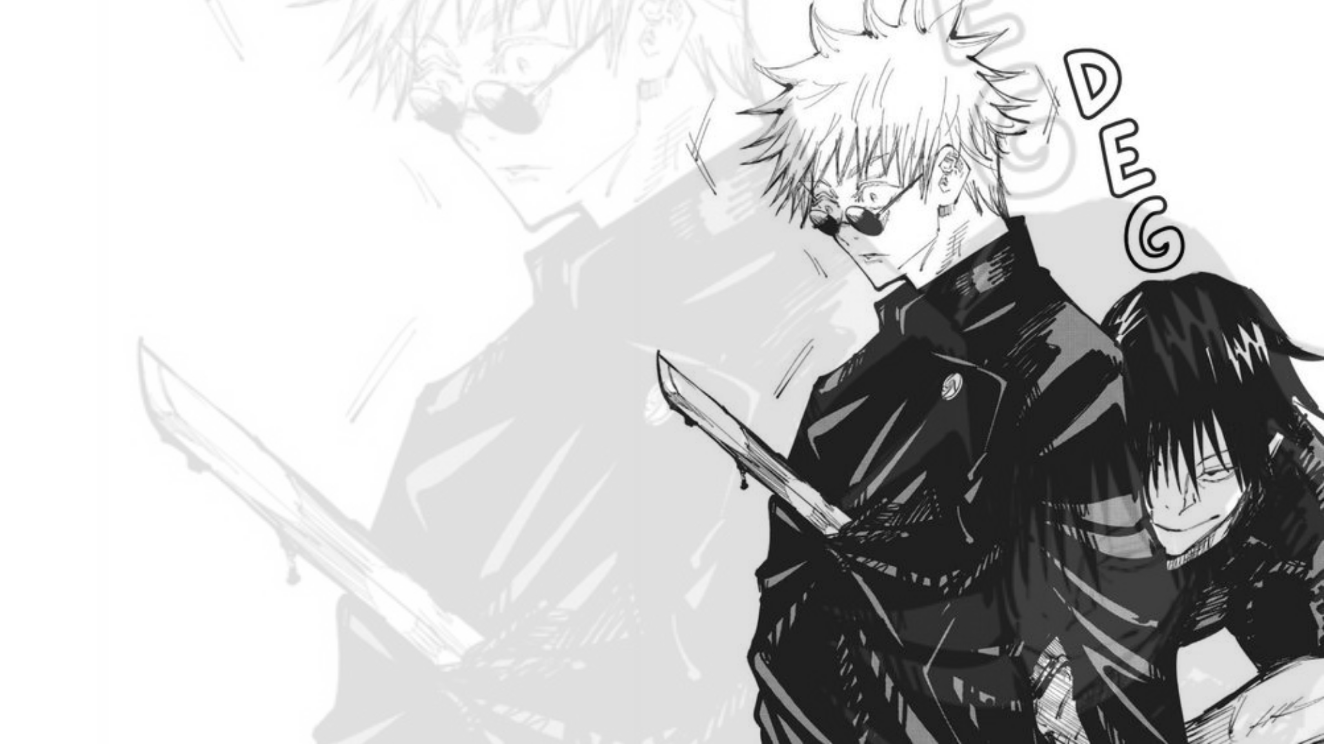 Satoru Gojo, manga, anime, Fushiguro Toji, anime boys, blood, sunglasses, sword, white background, simple background, monochromex1080 Wallpaper