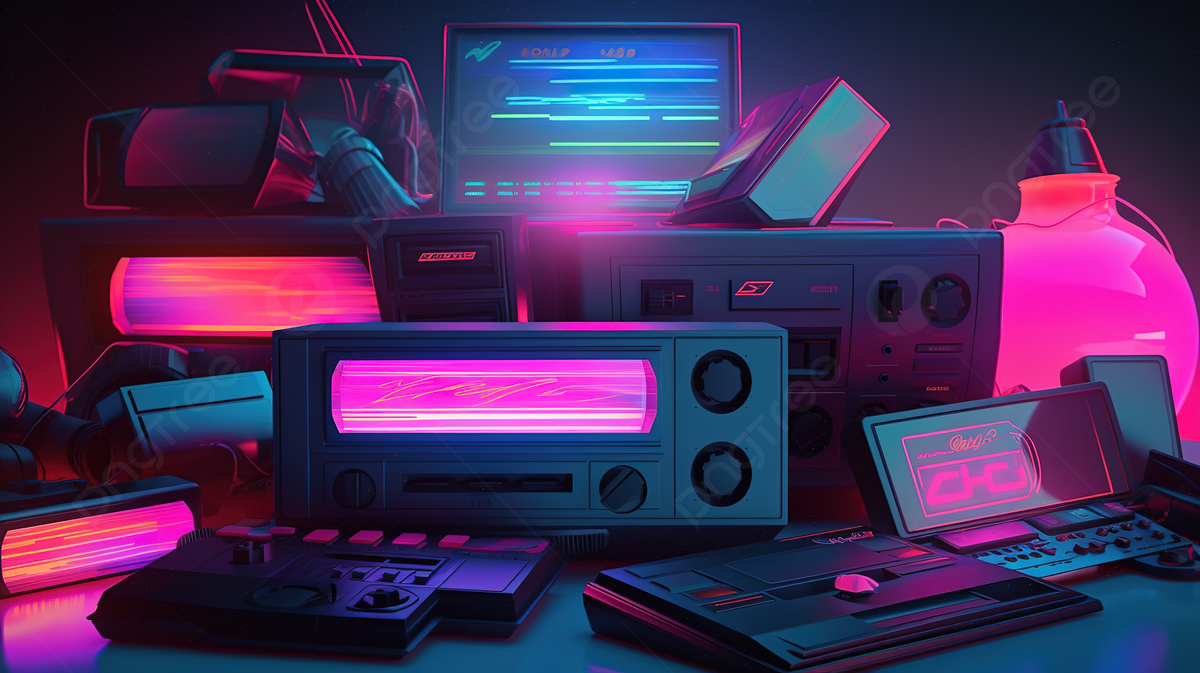 Retro Gadgets In Black And Pink Lighting Background, 80s Picture Aesthetic Background Image And Wallpaper for Free Download