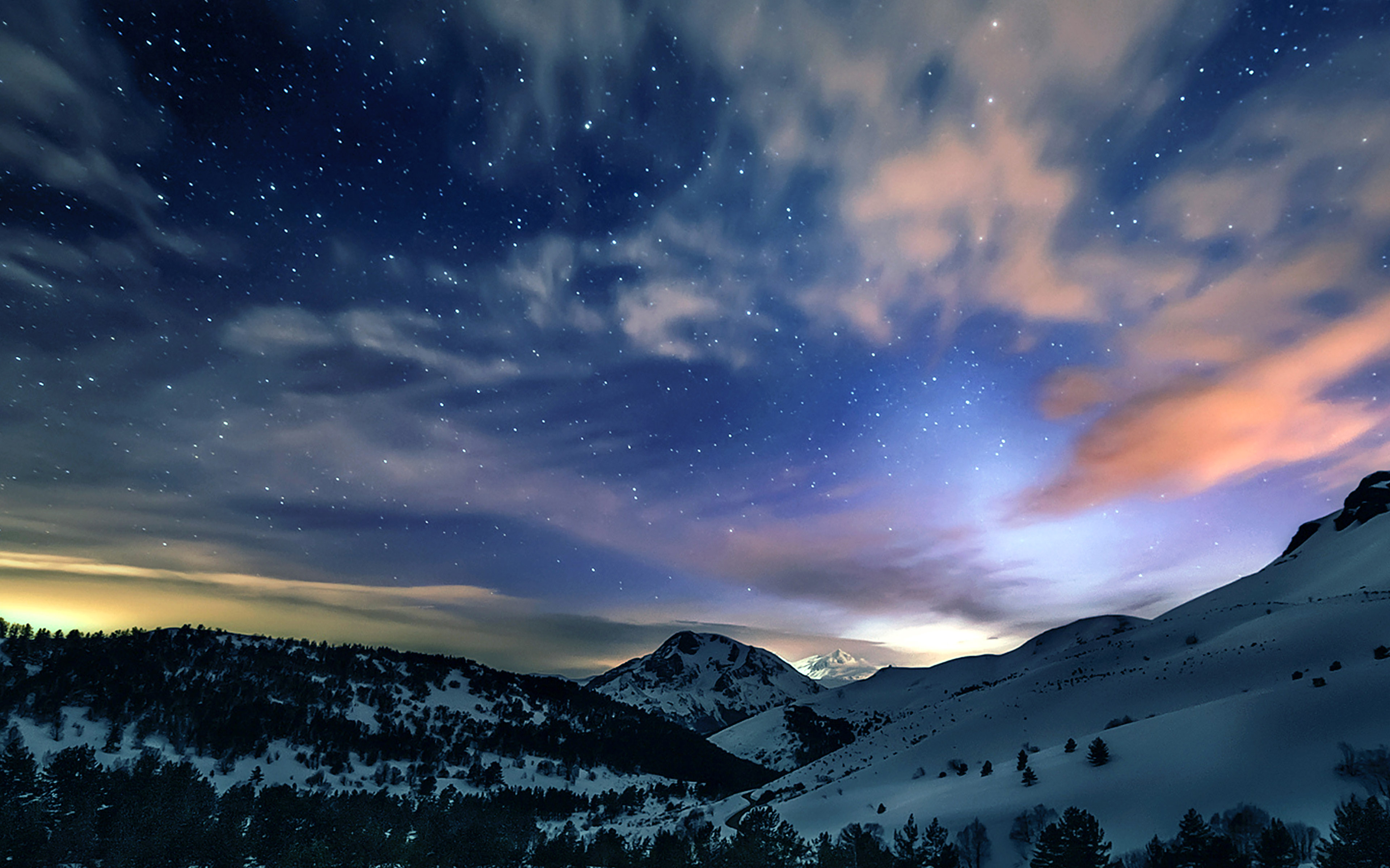wallpaper for desktop, laptop. aurora star sky snow mountain winter nature