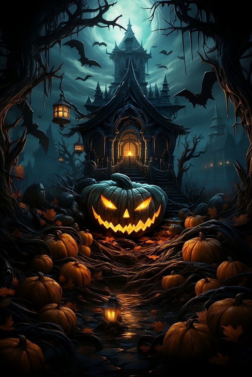 Wall Art Print. Halloween, Haunted House, Scary Pumpkin