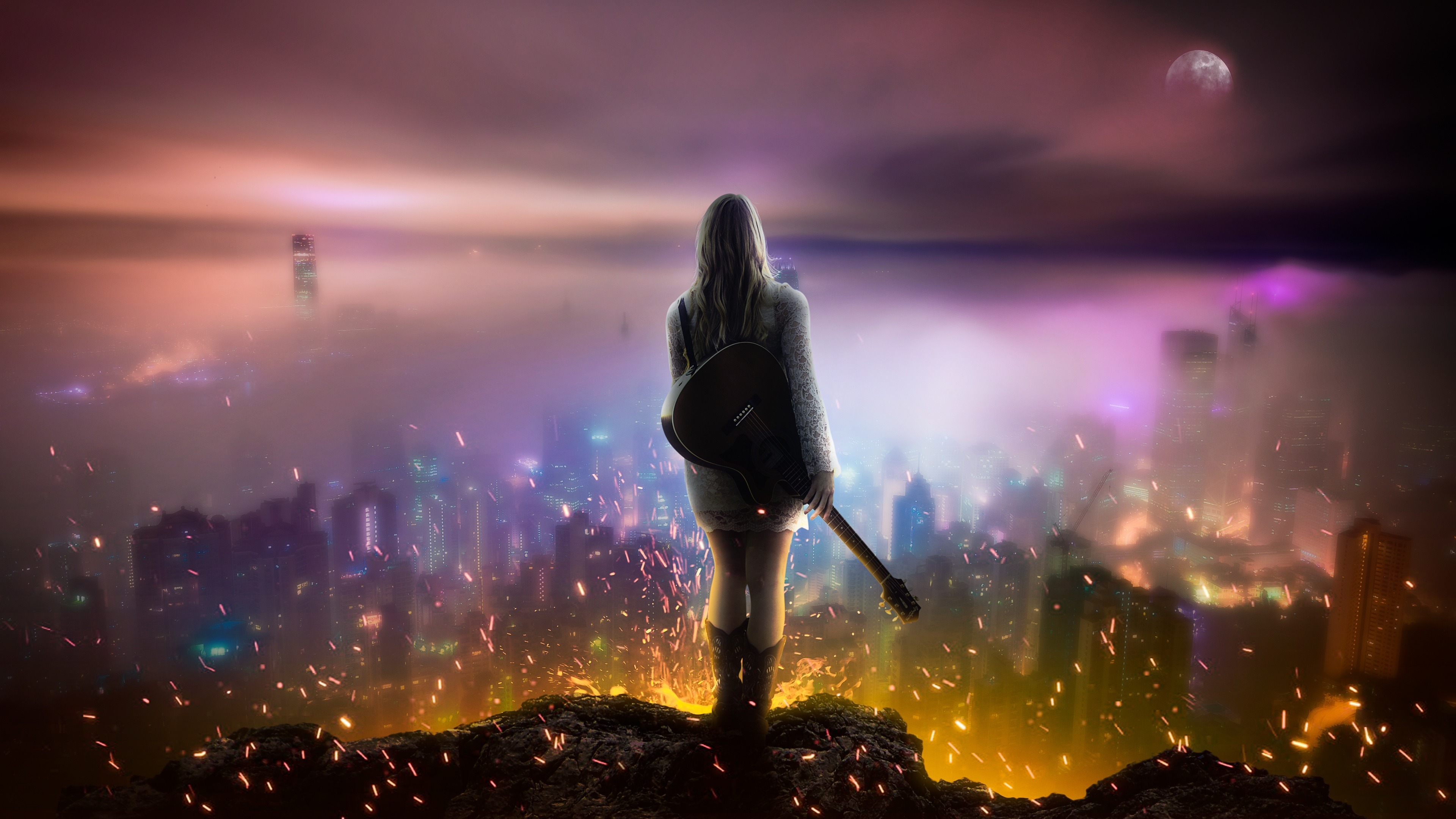 Download wallpaper 3840x2160 girl, dream, music, guitar, night, city 4k wallpaper, uhd wallpaper, 16:9 widescreen 3840x2160 HD background, 2988