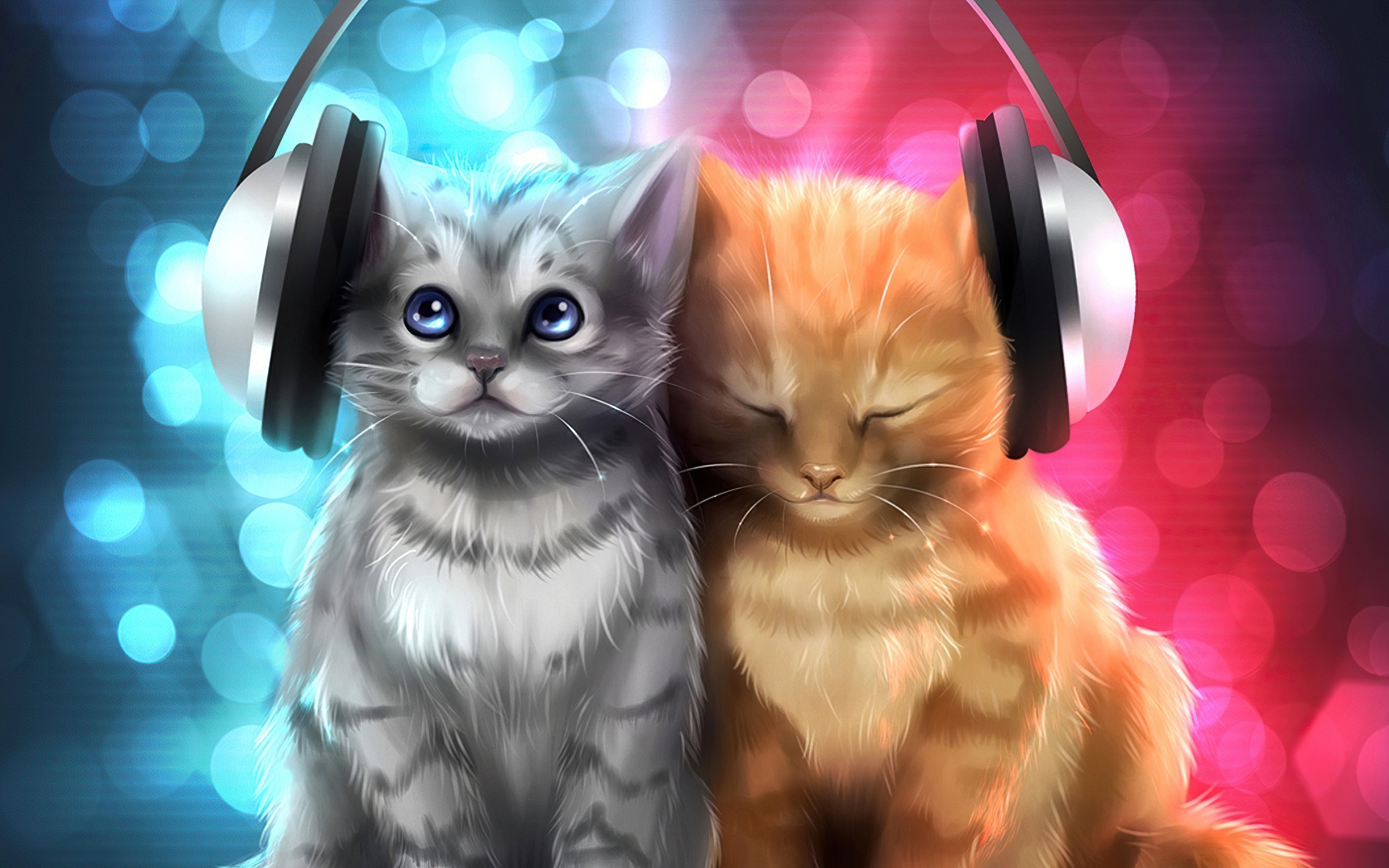 Kittens listening to music Wallpaper 4k