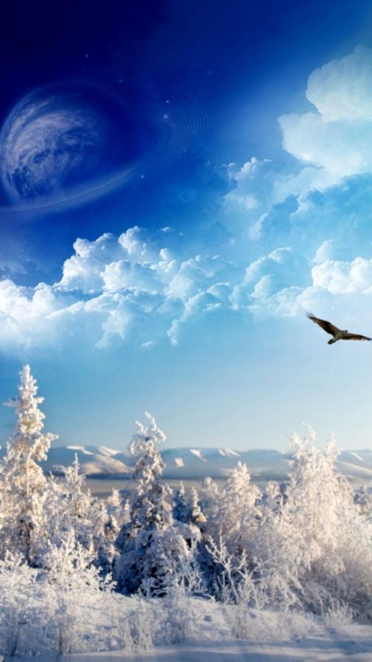 Nature Wonderful Winter Snowy Land Shiny Cloudy Space iPhone 6 Wallpaper Download. iPhone Wallpaper, iPad wa. Winter landscape, Winter scenes, Fantasy landscape