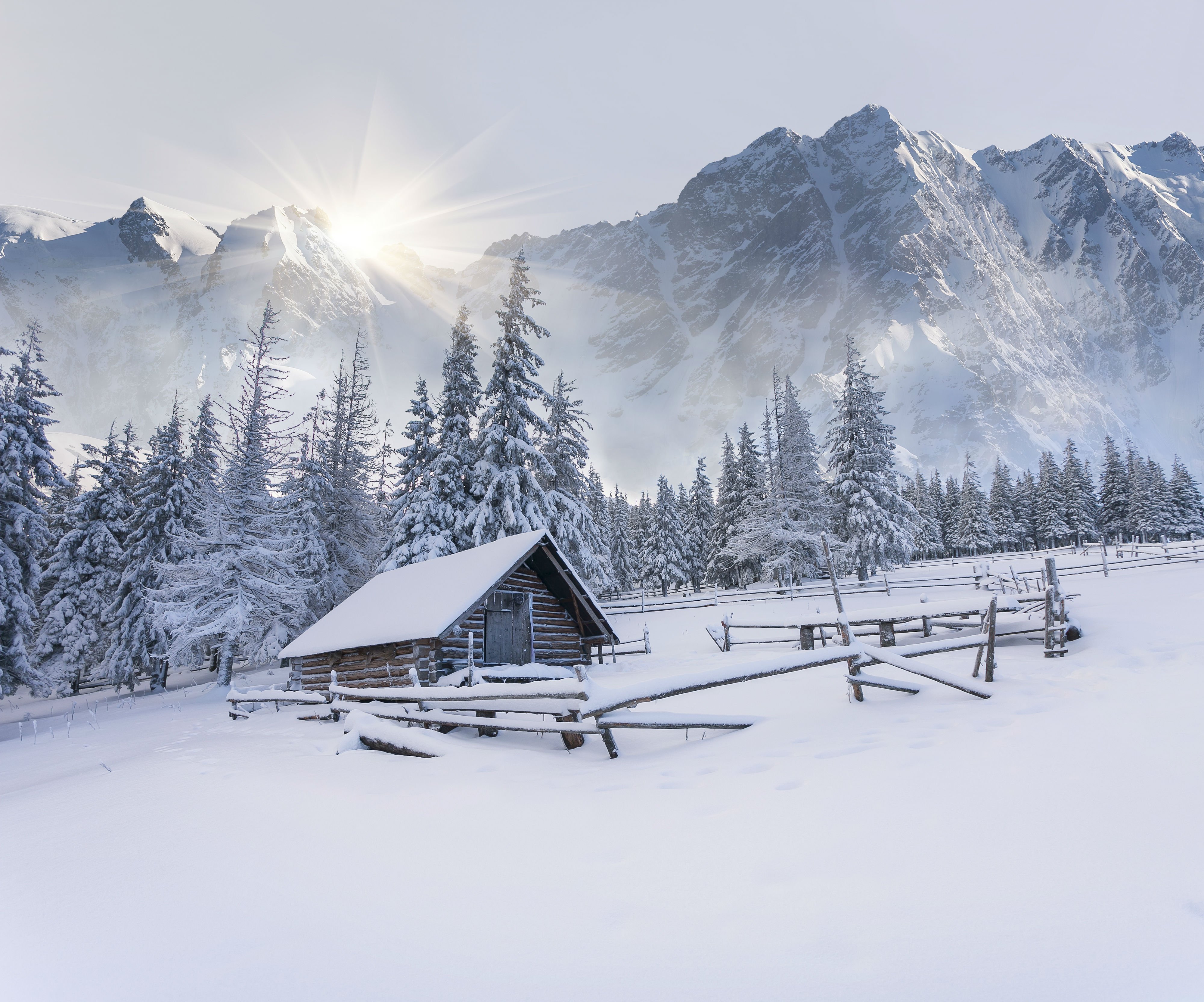 Winter snow house mountains wallpaperx3328
