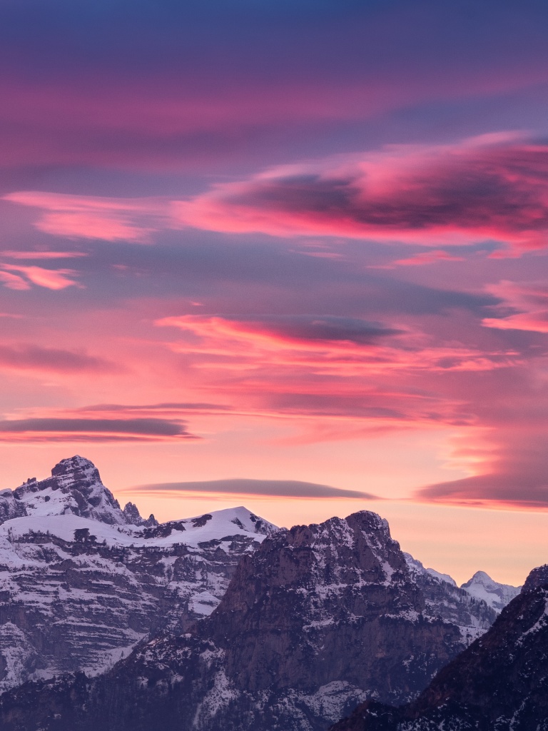 Alps mountains Wallpaper 4K, Dolomites, Sunset, Dusk, Pink sky