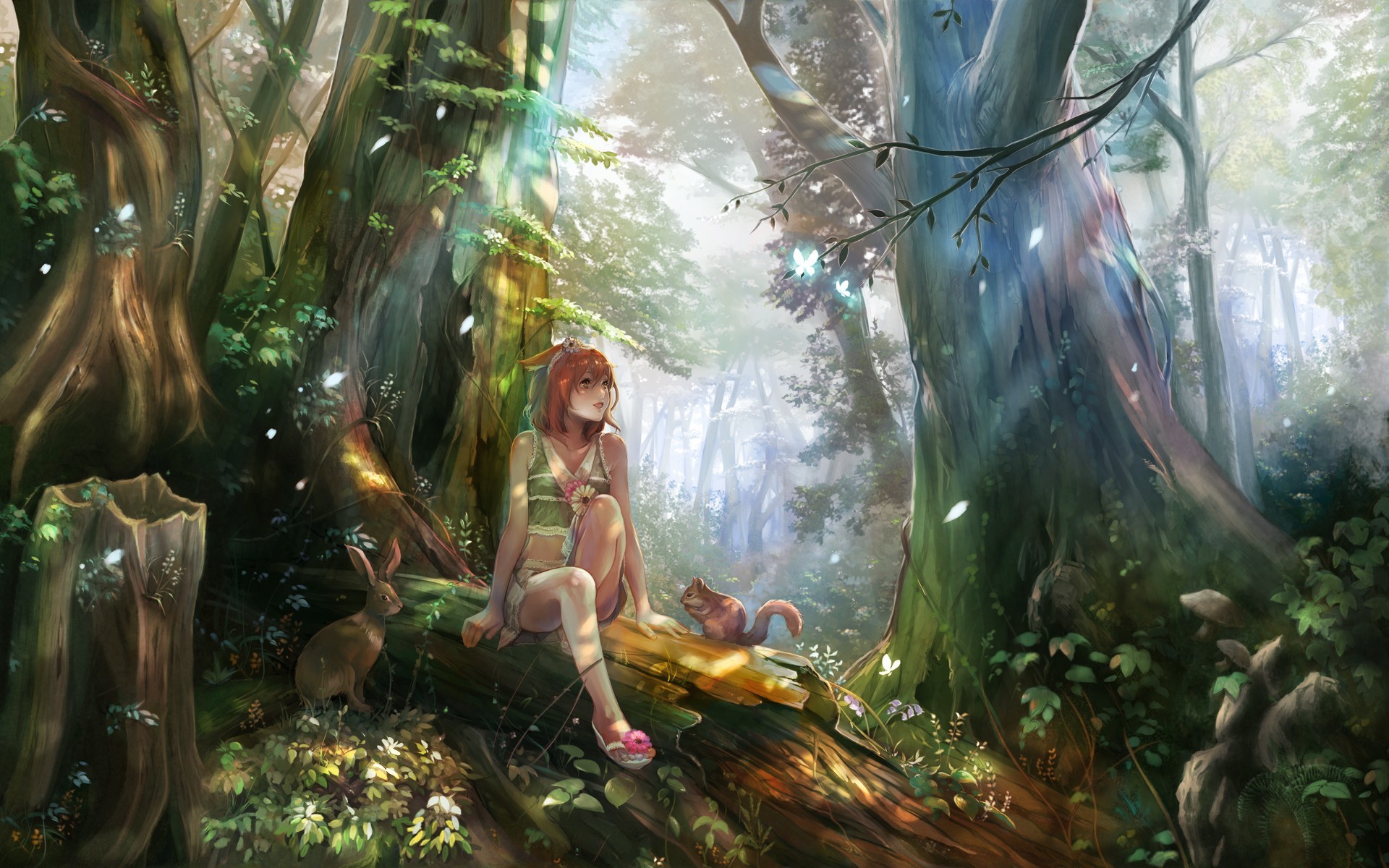 Wallpaper, sunlight, landscape, painting, redhead, fantasy art, anime girls, nature, original characters, elves, jungle, forest clearing, mythology, rainforest, ART, tree, plant, 1920x1200 px, woodland, computer wallpaper, fictional character, biome