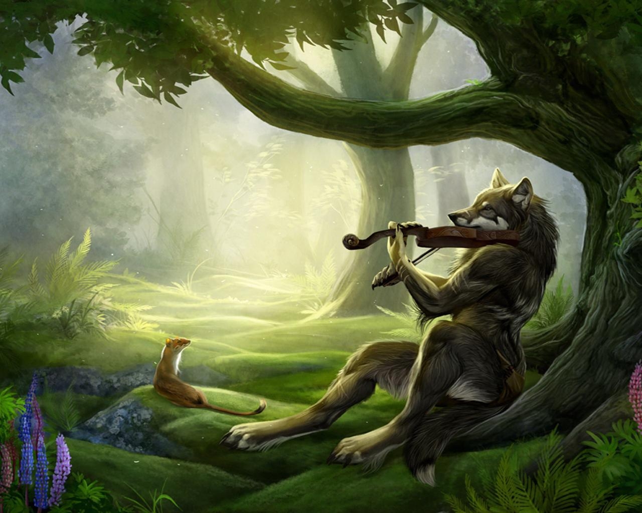 Wallpaper, landscape, painting, illustration, grass, wood, music, wildlife, dragon, violin, wolf, jungle, mythology, rainforest, ART, tree, plant, fauna, woodland, computer wallpaper, fictional character, old growth forest, mythical creature, organism