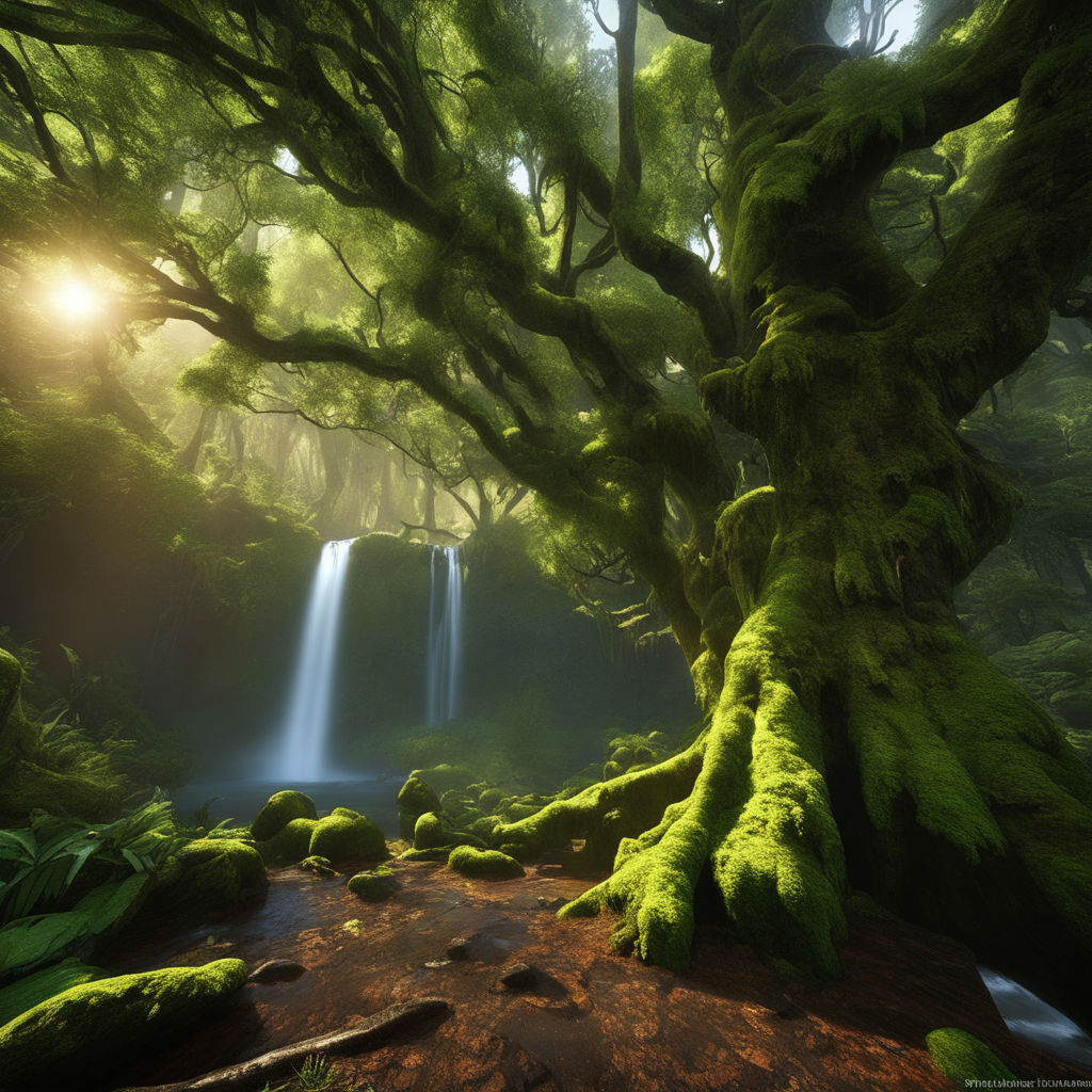 Ancient Forest With Moss Covered Rocks And Foliage. Wide Angle Lens