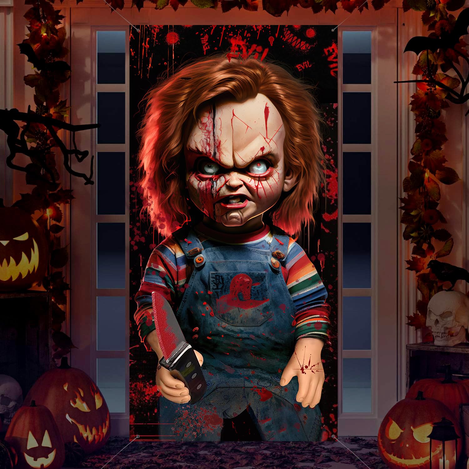 Horror Banner Halloween Door Cover Birthday Party Decorations, Horror Classic Movie Character Door Banner Scary Halloween Party Door Cover Photo Background Banner for Halloween Party Front Door Indoor Outdoor Decor